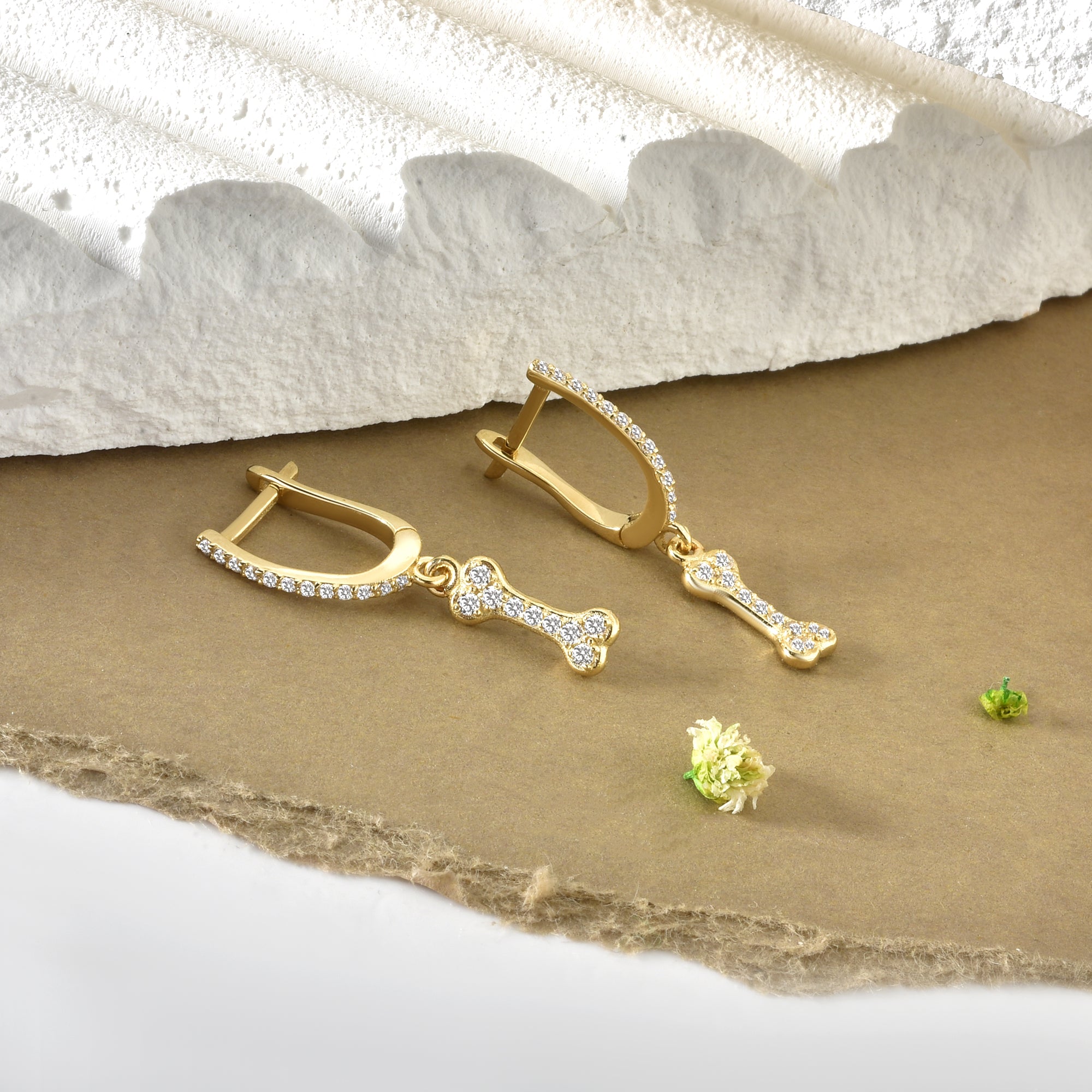 Bone Hinged Dangle Diamond Hoops Earrings 14K Gold