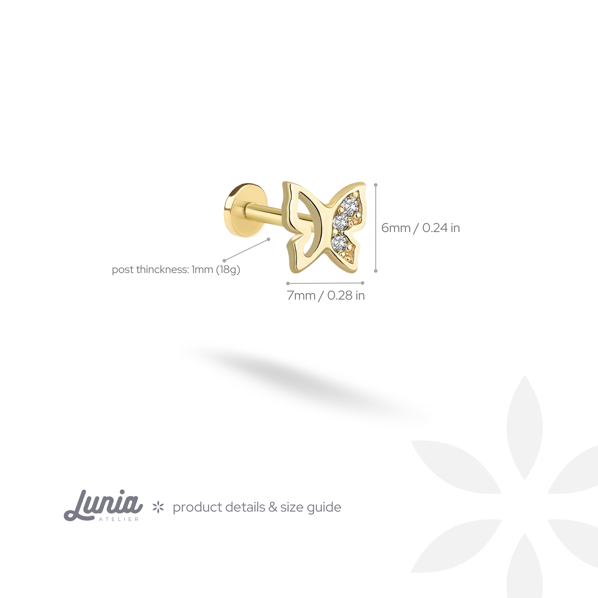 Butterfly Flatback Ear Piercing 14K Gold Diamond CZ Stone