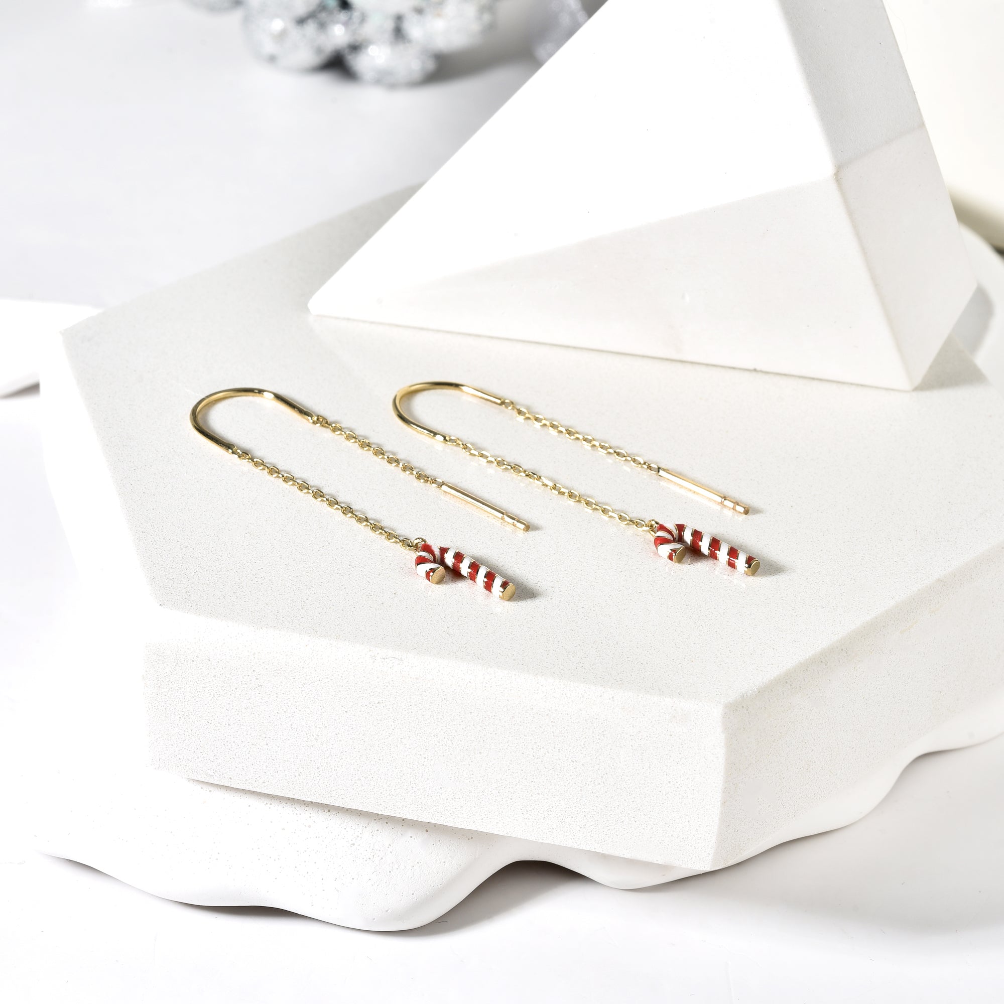 Candy Cane Ear Threader Earrings 14k Gold