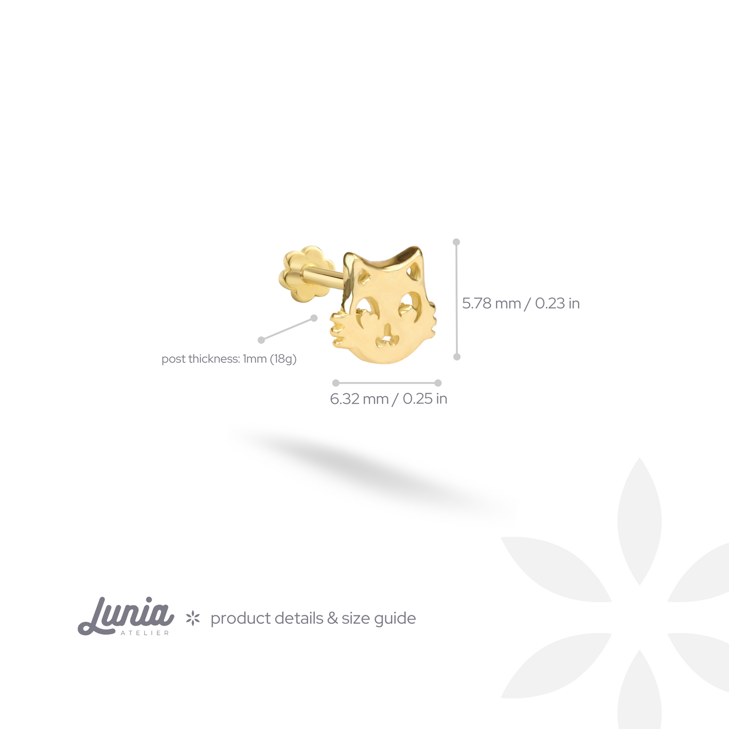 Cat Head Flatback Ear Piercing 14K Gold