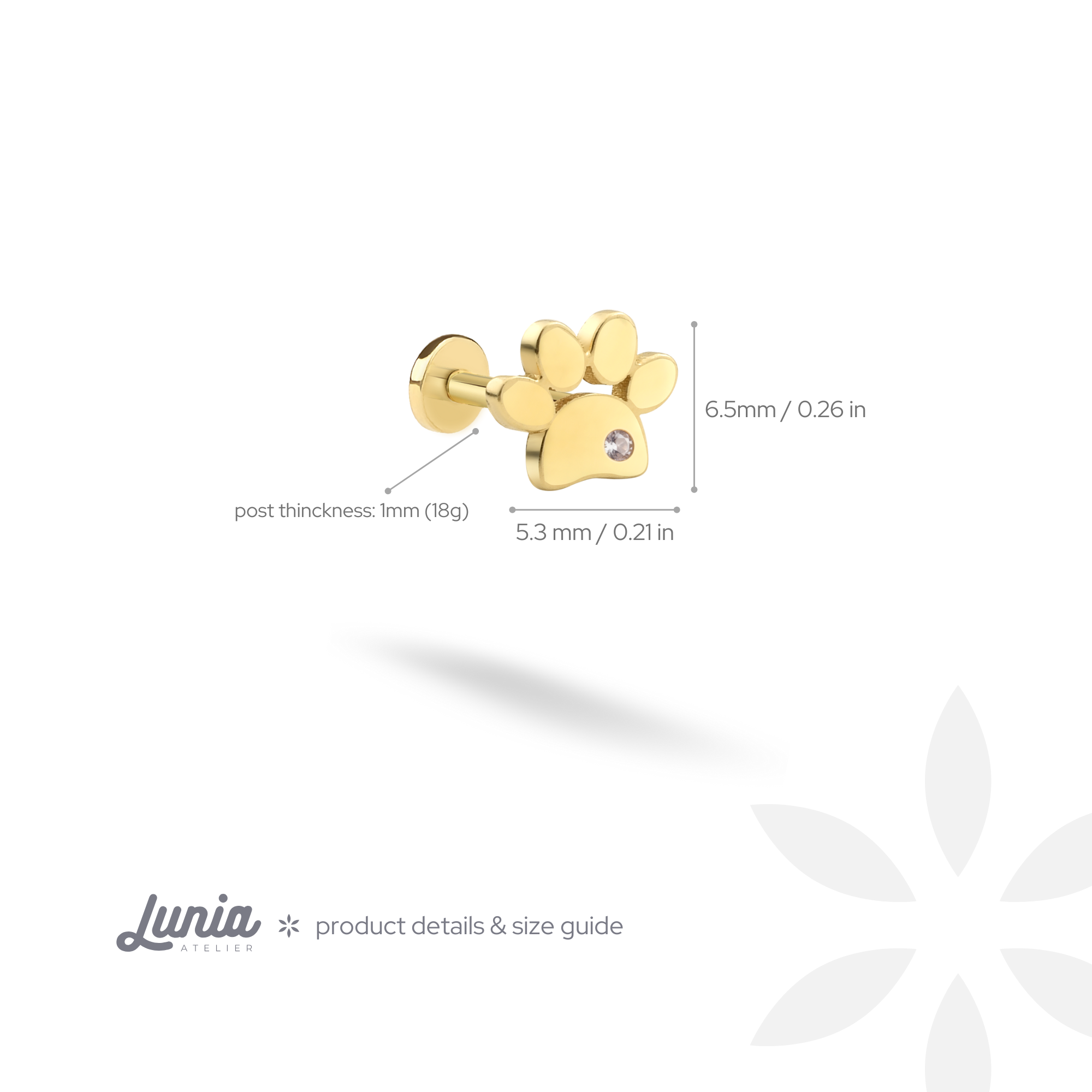 Paw Flatback Ear Piercing 14K Gold with CZ Stone