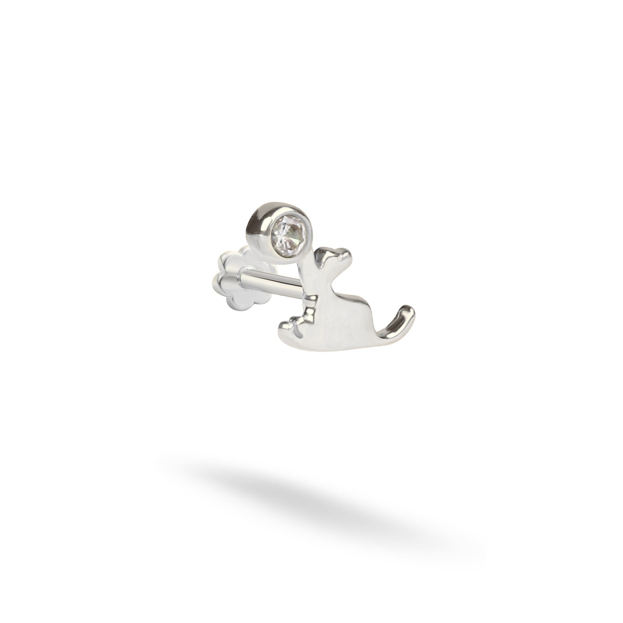Cat Playing With Wall Flatback Ear Piercing 14K Gold with CZ Stone