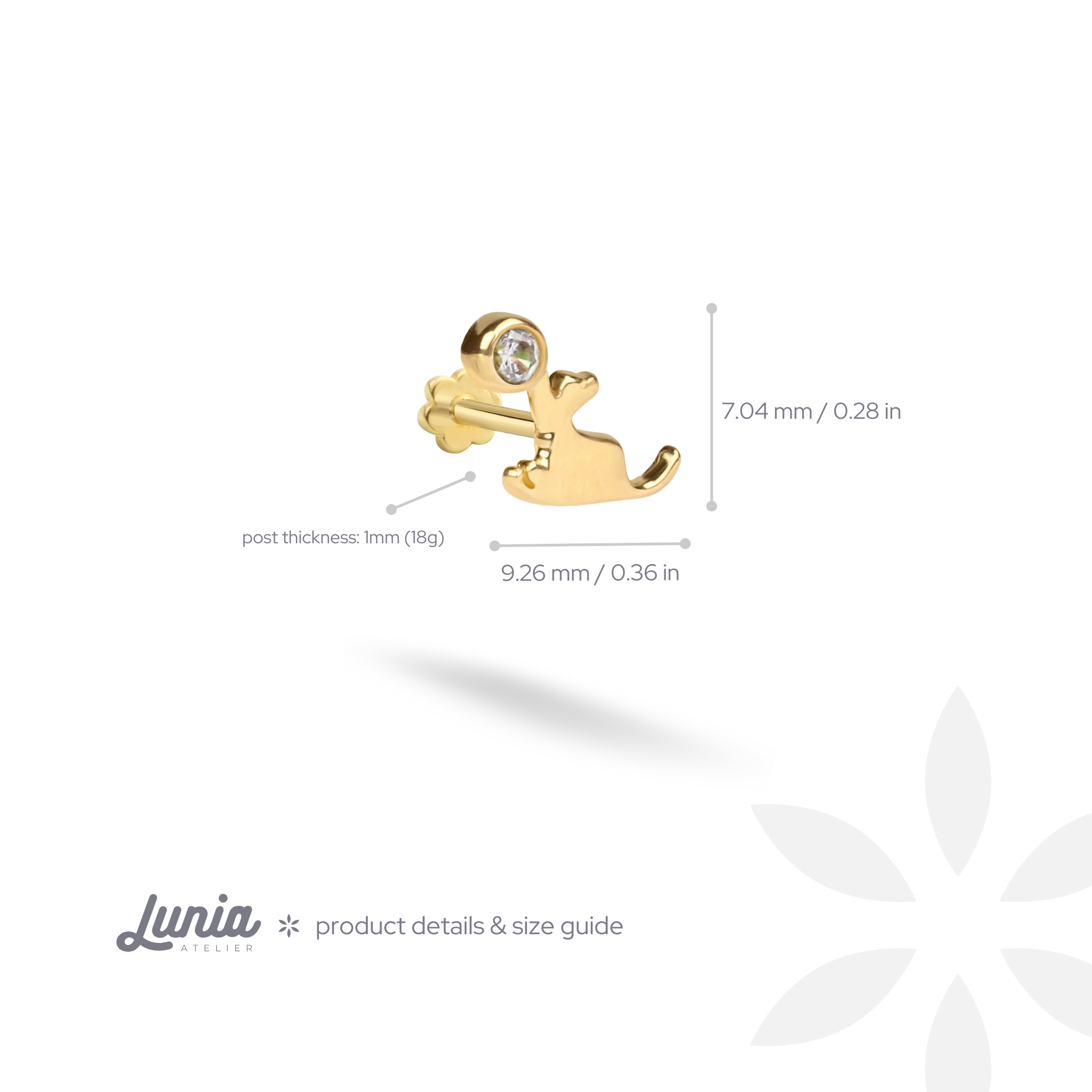 Cat Playing With Wall Flatback Ear Piercing 14K Gold with CZ Stone