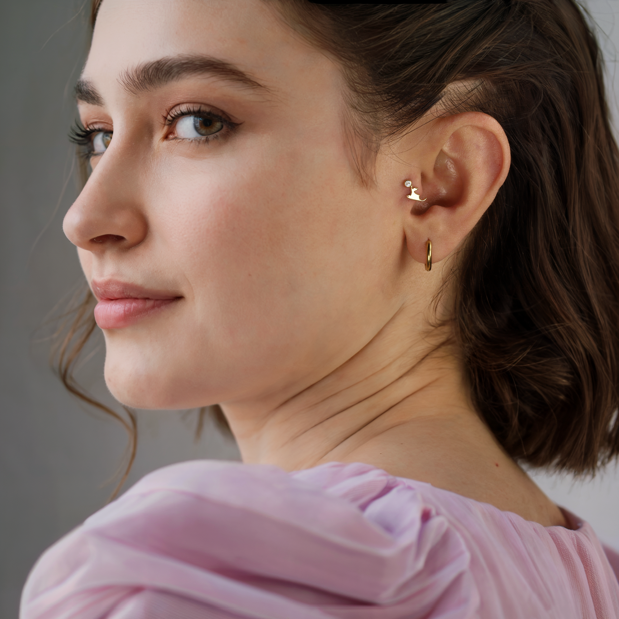 Cat Playing With Wall Flatback Ear Piercing 14K Gold with CZ Stone