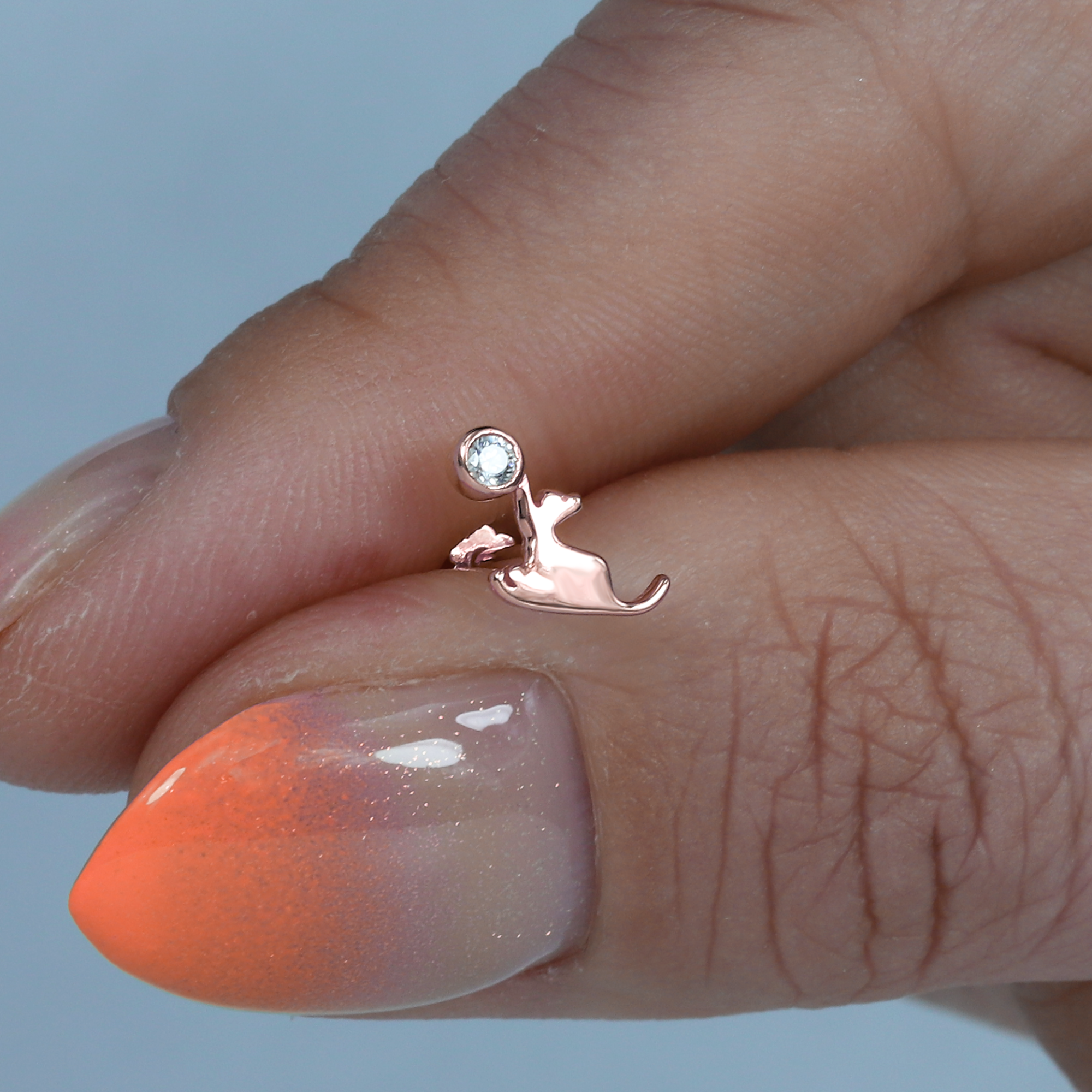 Cat Playing With Wall Flatback Ear Piercing 14K Gold with CZ Stone