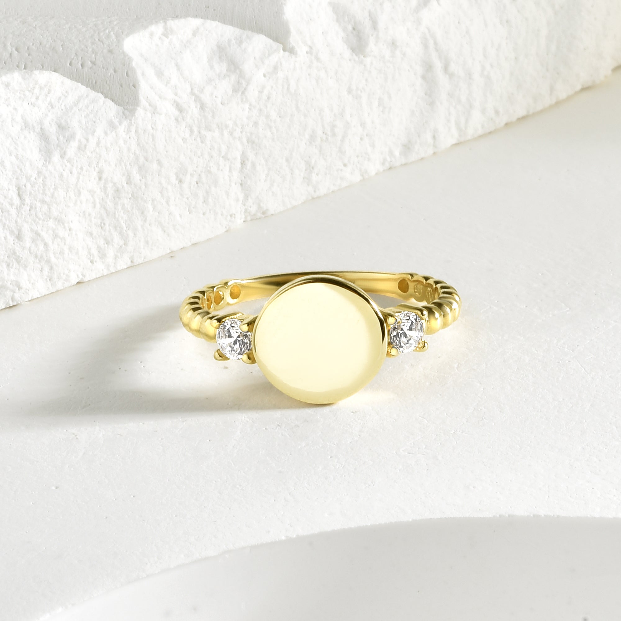14K Gold Diamond Circular Signet Ring