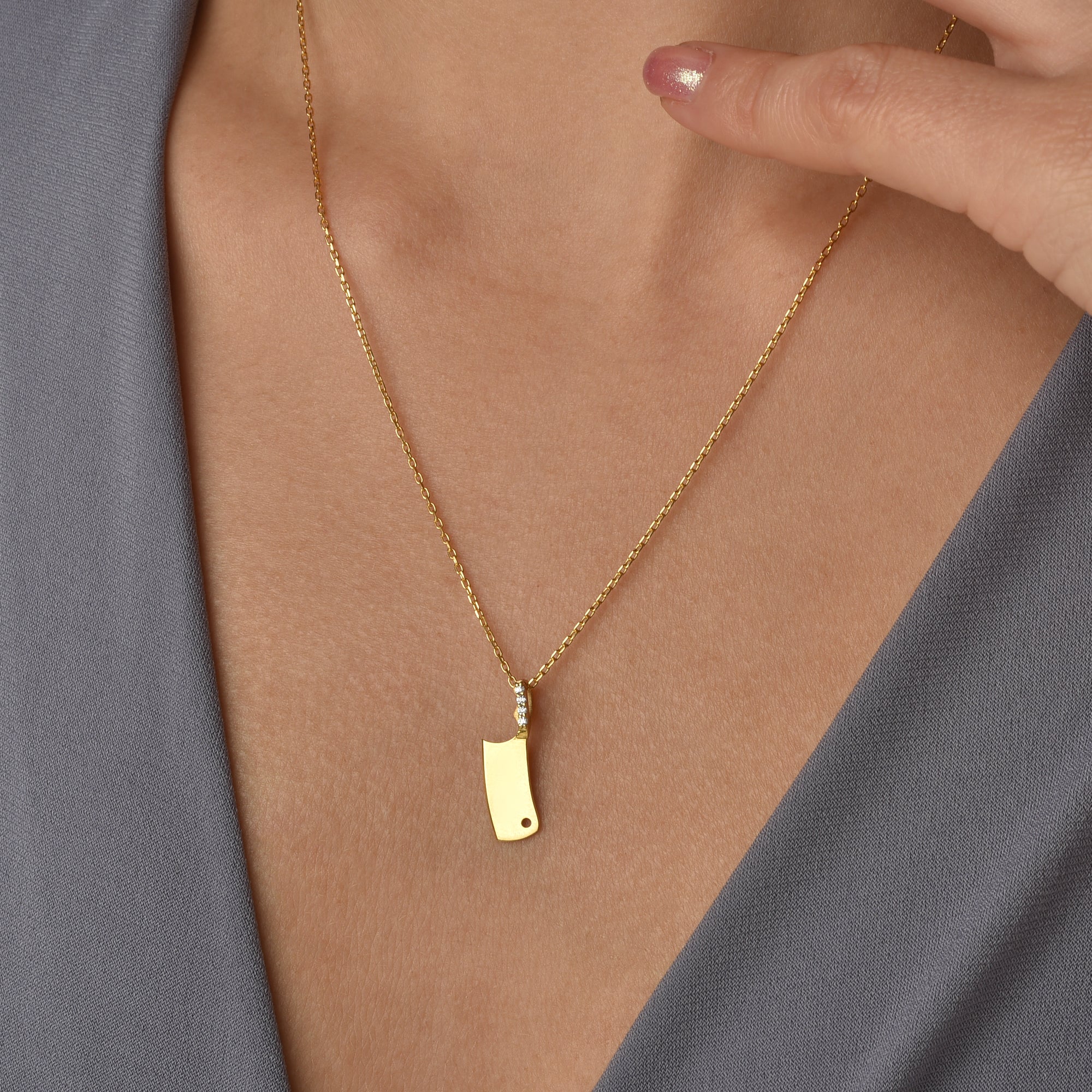 Cleaver Chef Knife Diamond Necklace 14K Gold / Silver