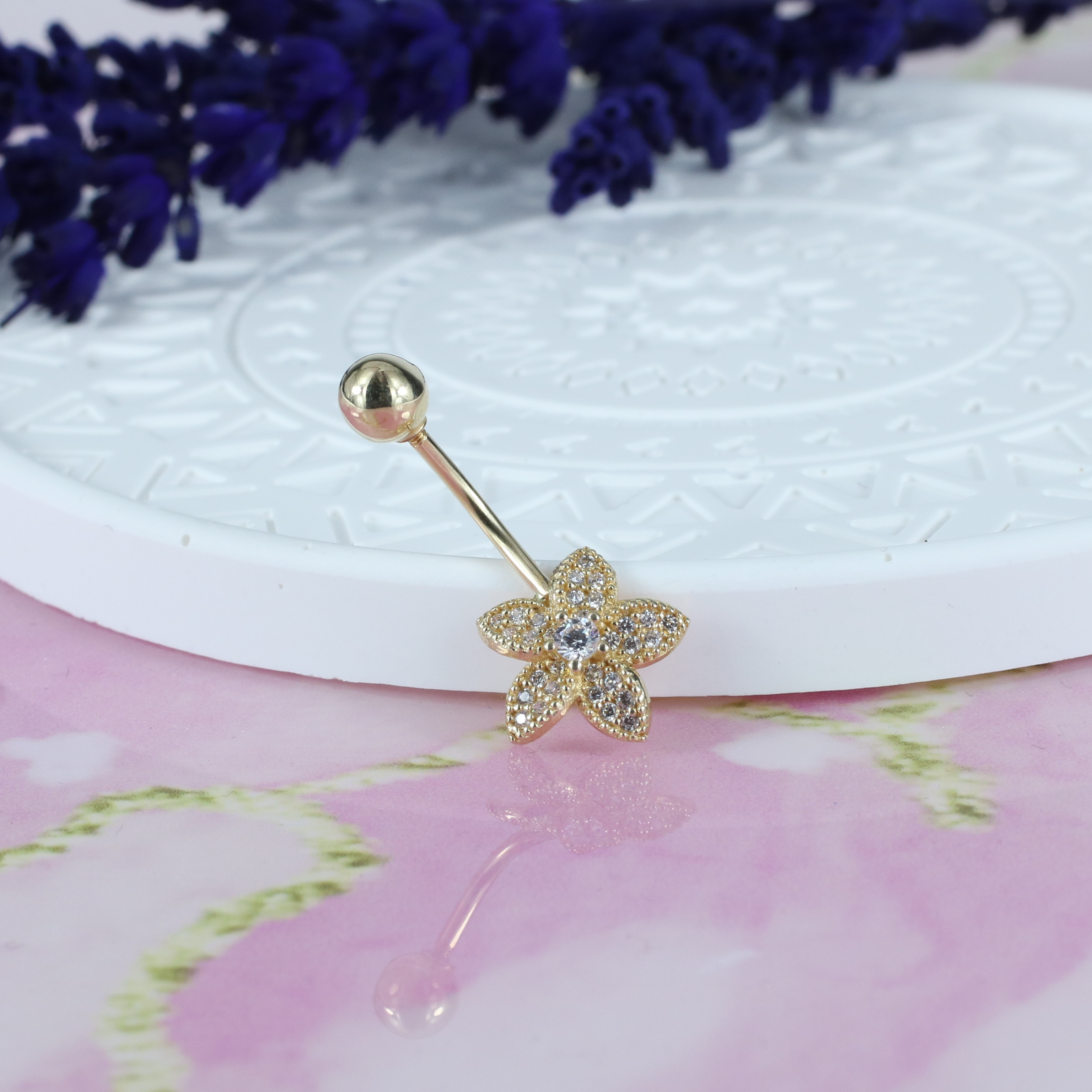 Compass Rose Navel Belly Ring 14K Gold with CZ Stone