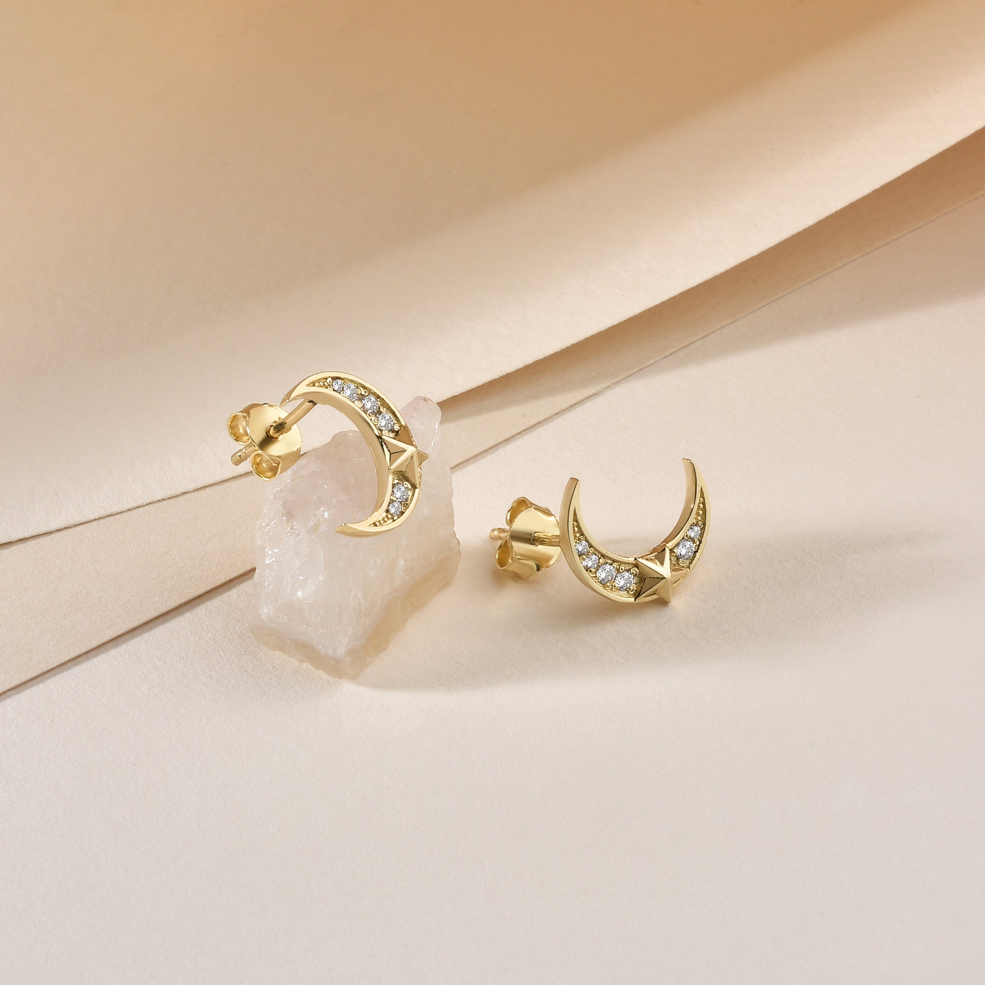 Crescent Moon Star Stud Diamond 14K Gold Earrings / Silver