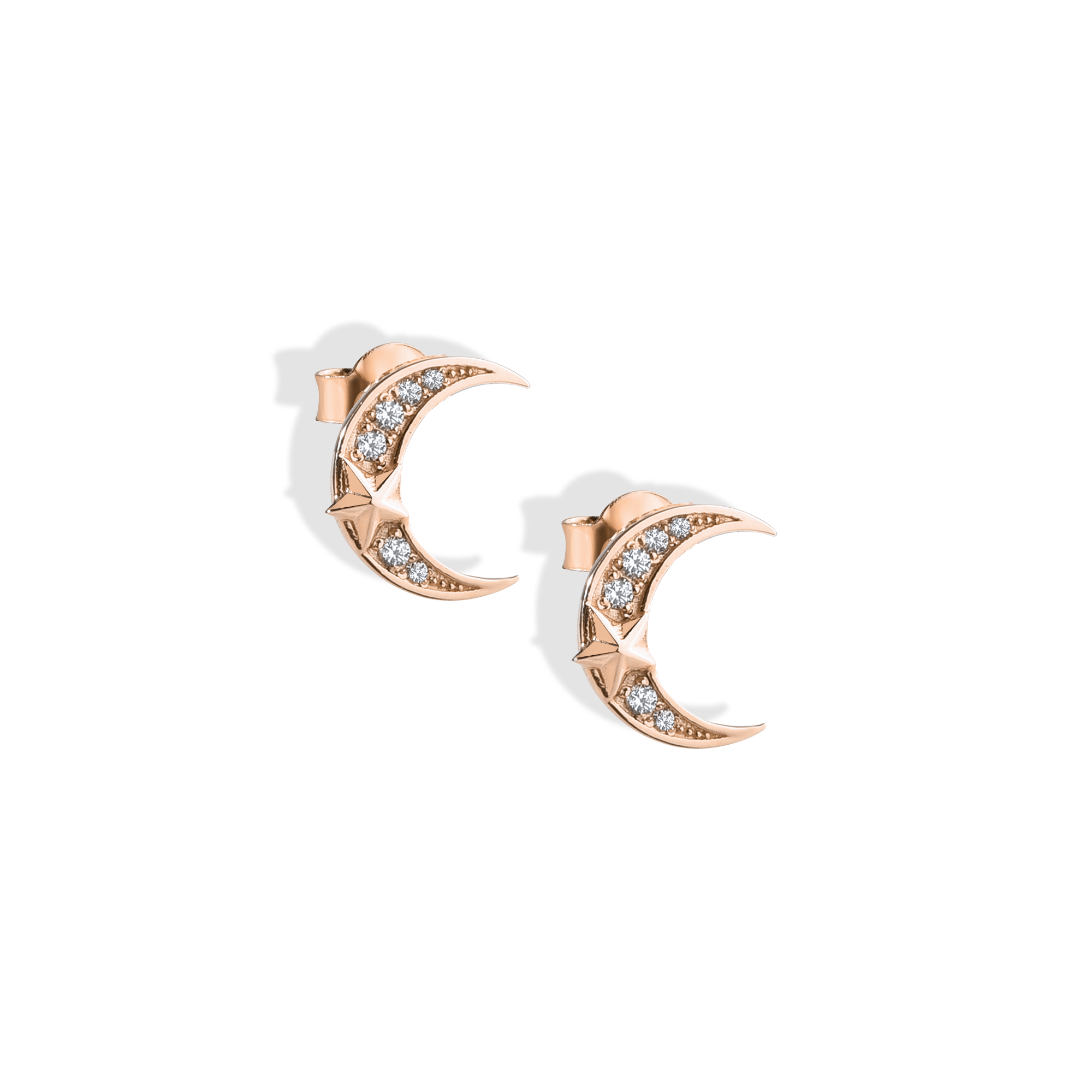 Crescent Moon Star Stud Diamond 14K Gold Earrings / Silver