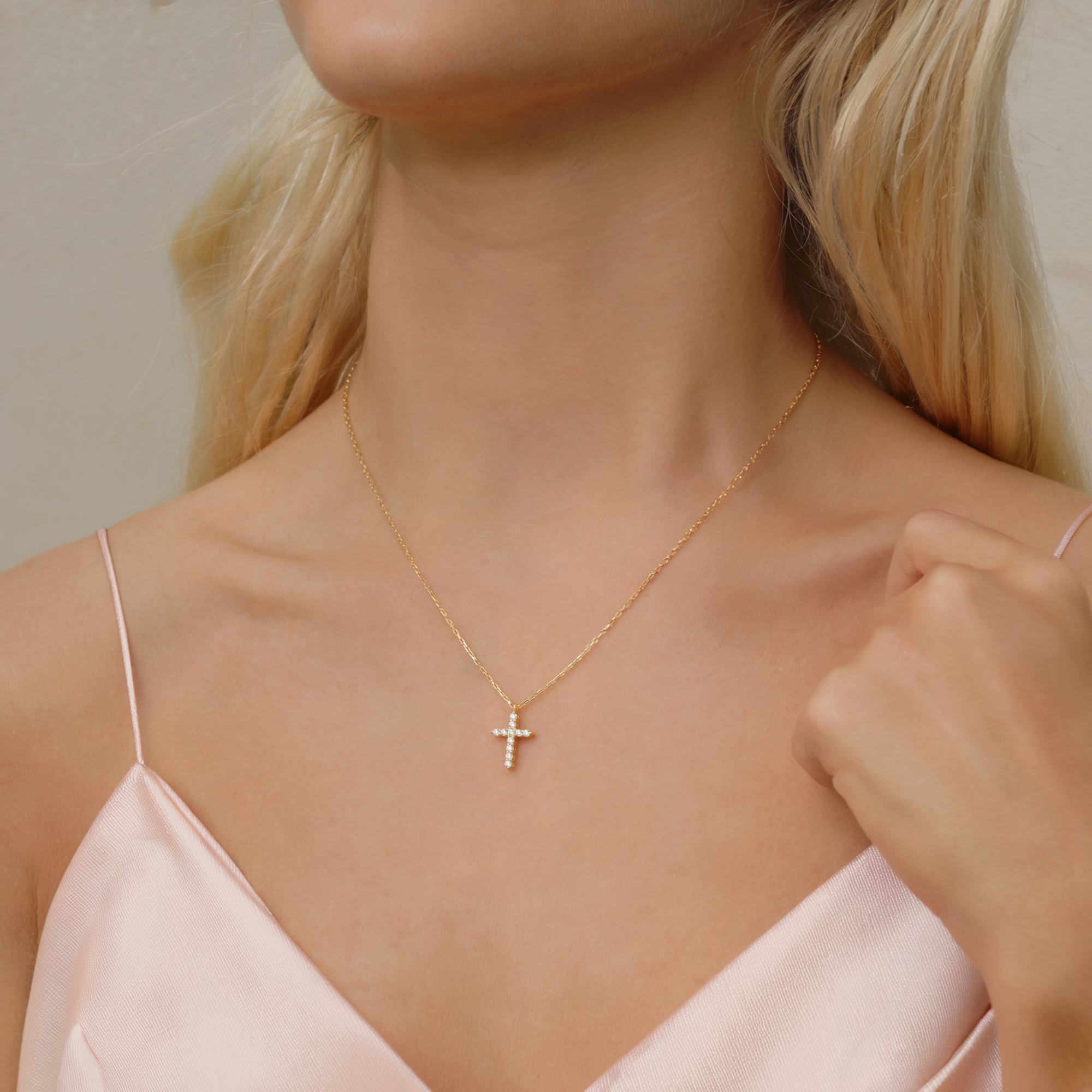 Cross Diamond Stone Necklace 14K Gold