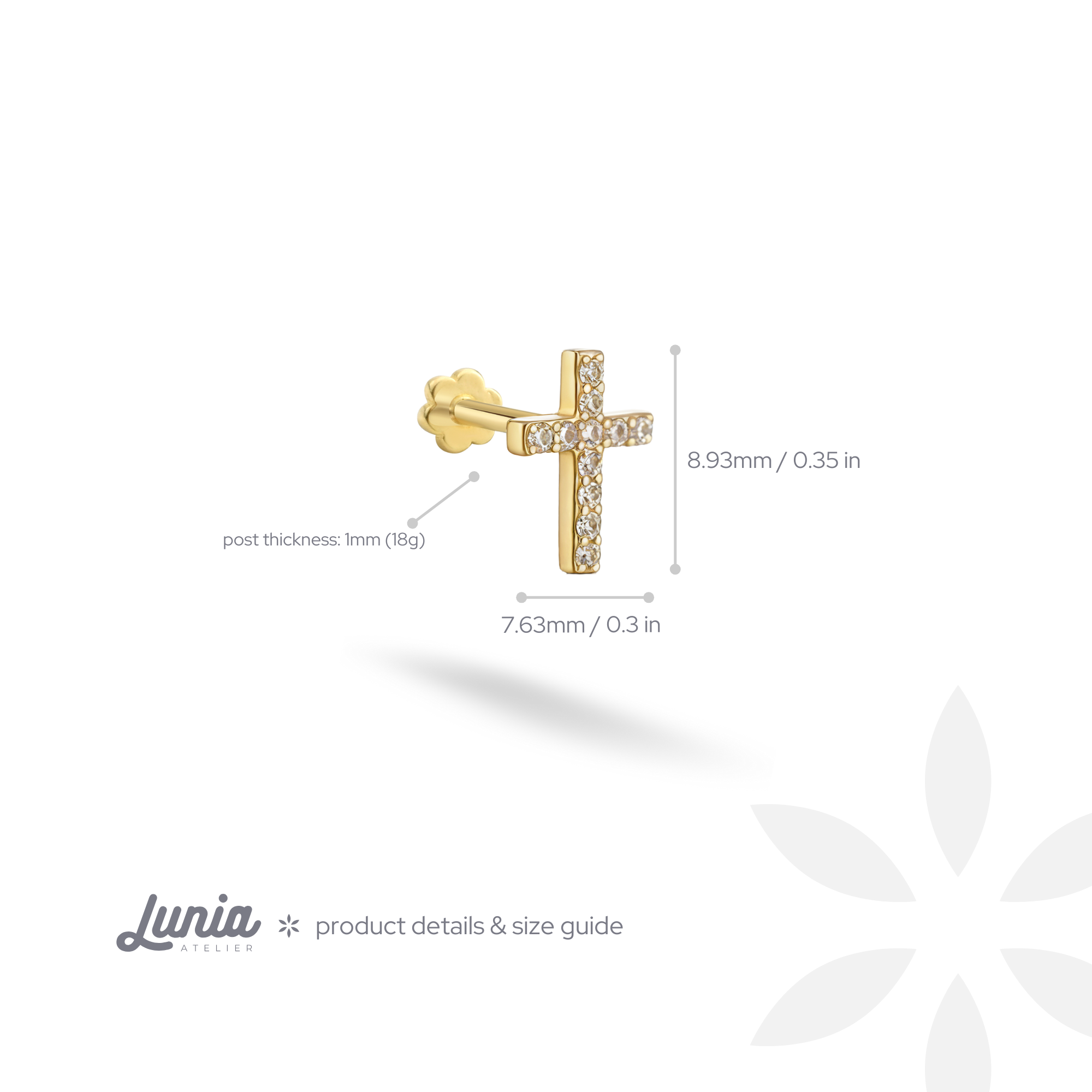 Cross Flatback Ear Piercing 14K Gold with CZ Stone