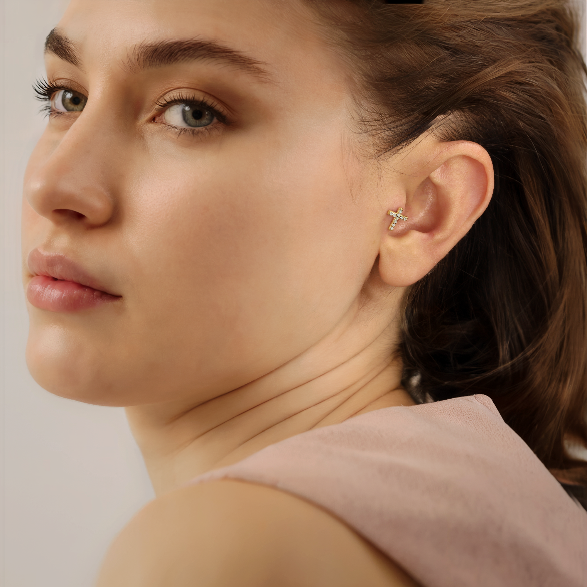 Cross Flatback Ear Piercing 14K Gold with CZ Stone