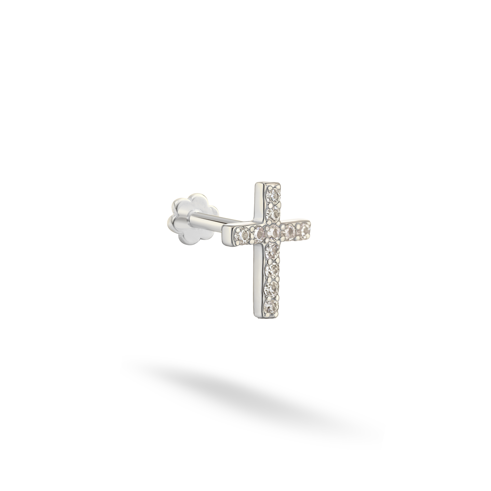 Cross Flatback Ear Piercing 14K Gold with CZ Stone