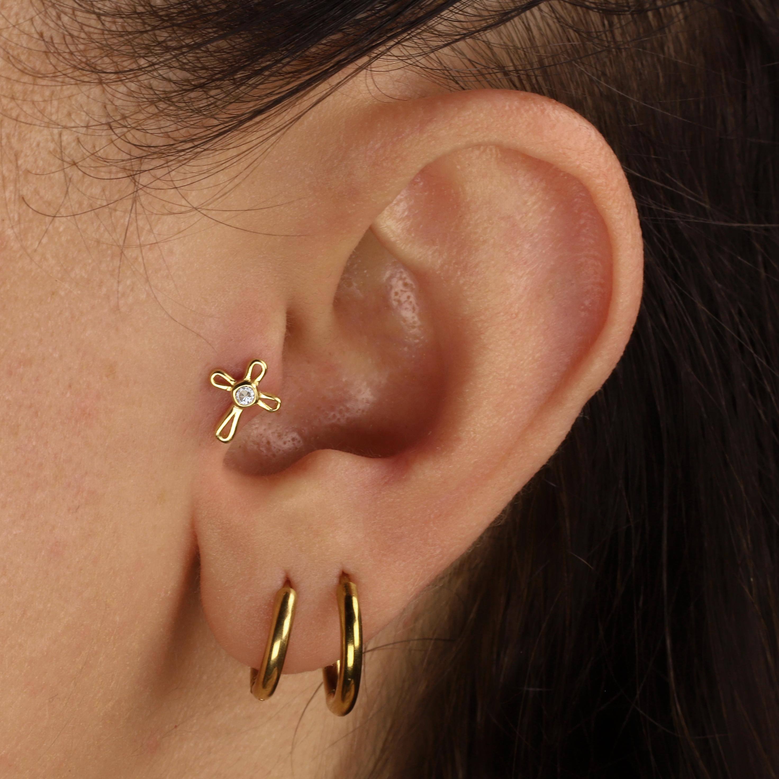 Cross Solitaire Flatback Ear Piercing 14K Gold with CZ Stone