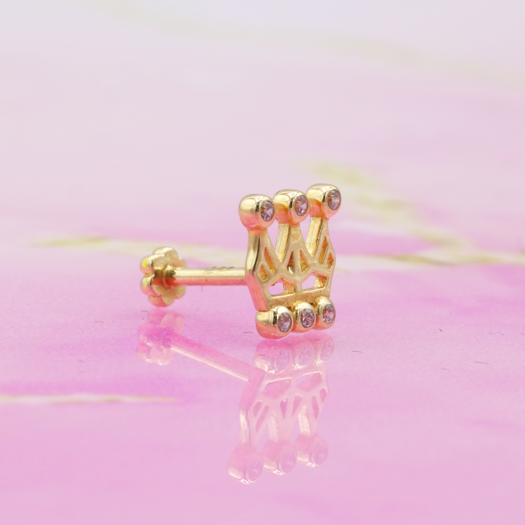 Crown Flatback Ear Piercing 14K Gold with CZ Stone