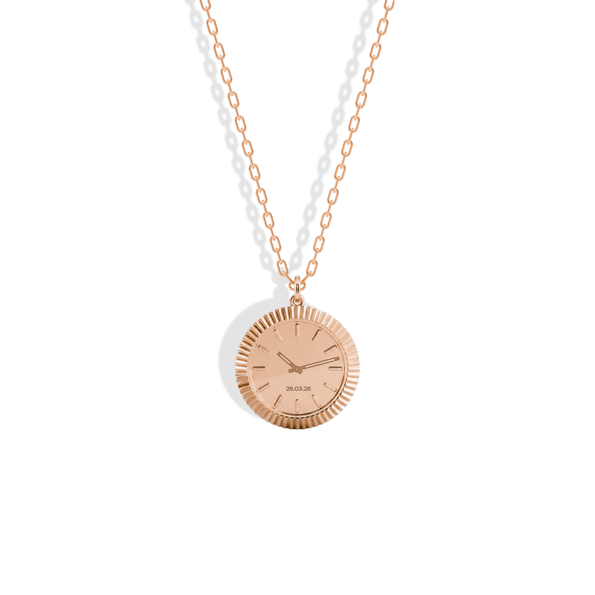 Watch dial necklace in 14K rose gold, where the date engraving takes on a copper warmth