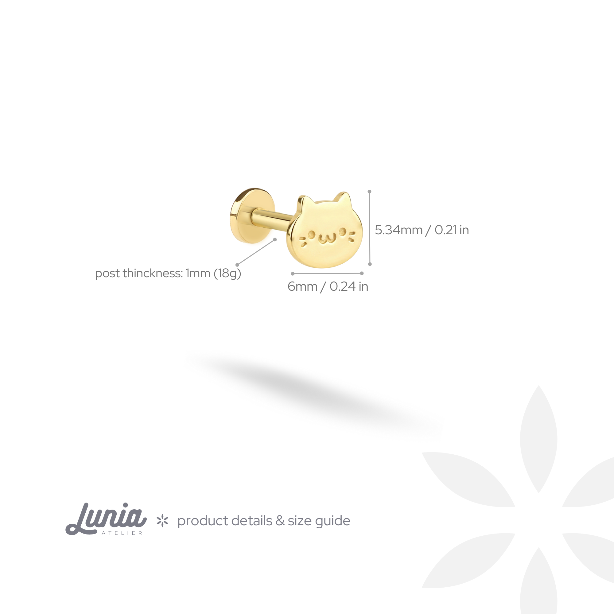 Cute Cat Flatback Ear Piercing 14K Gold / Silver