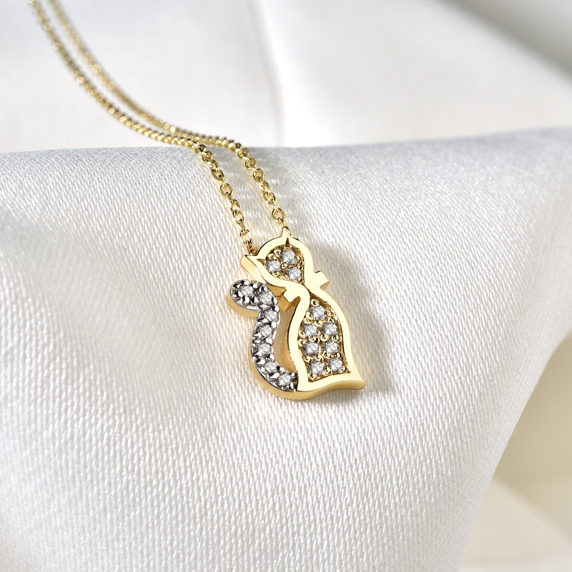 Cute Stone Cat Necklace Diamond 14K Gold / Silver