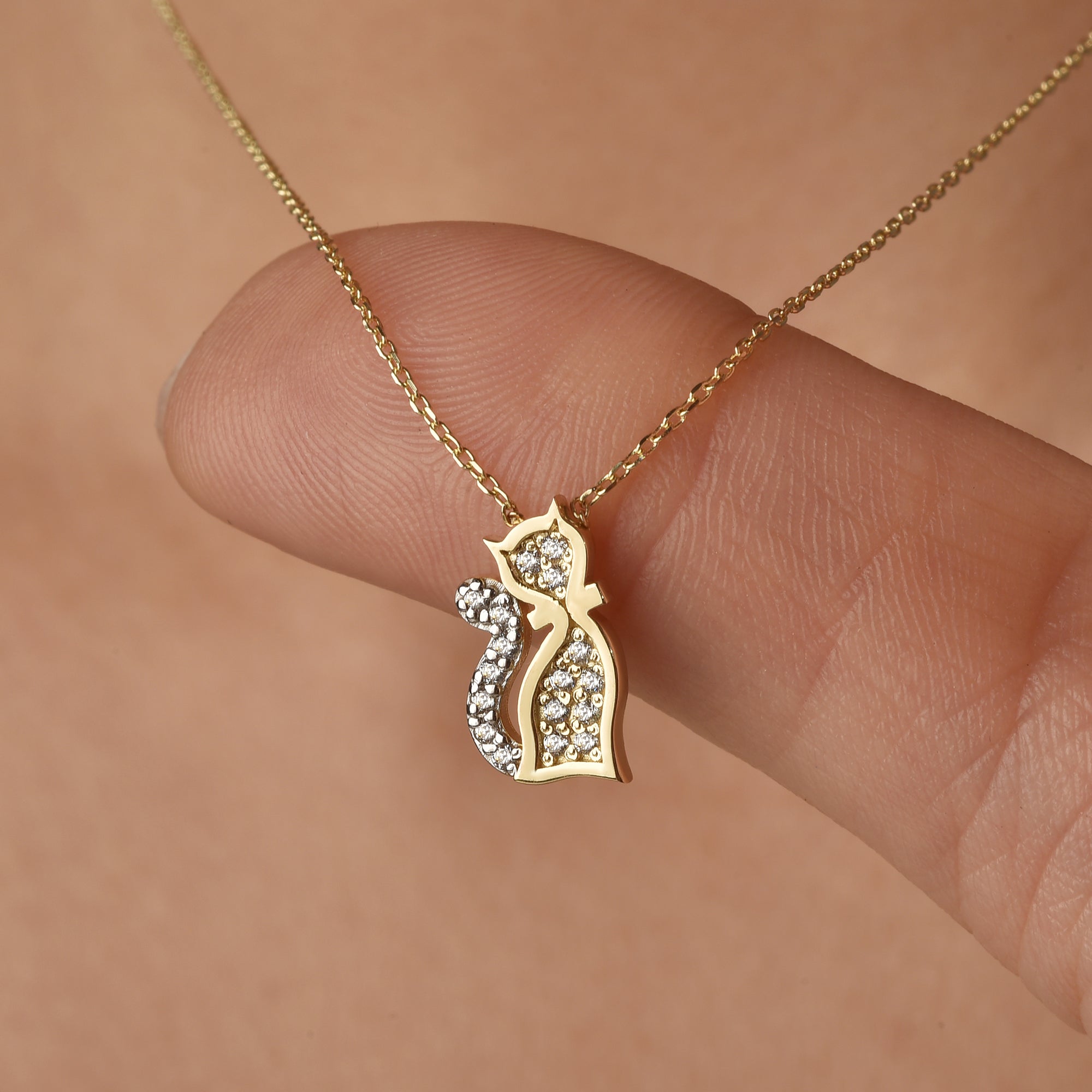 Cute Stone Cat Necklace Diamond 14K Gold / Silver