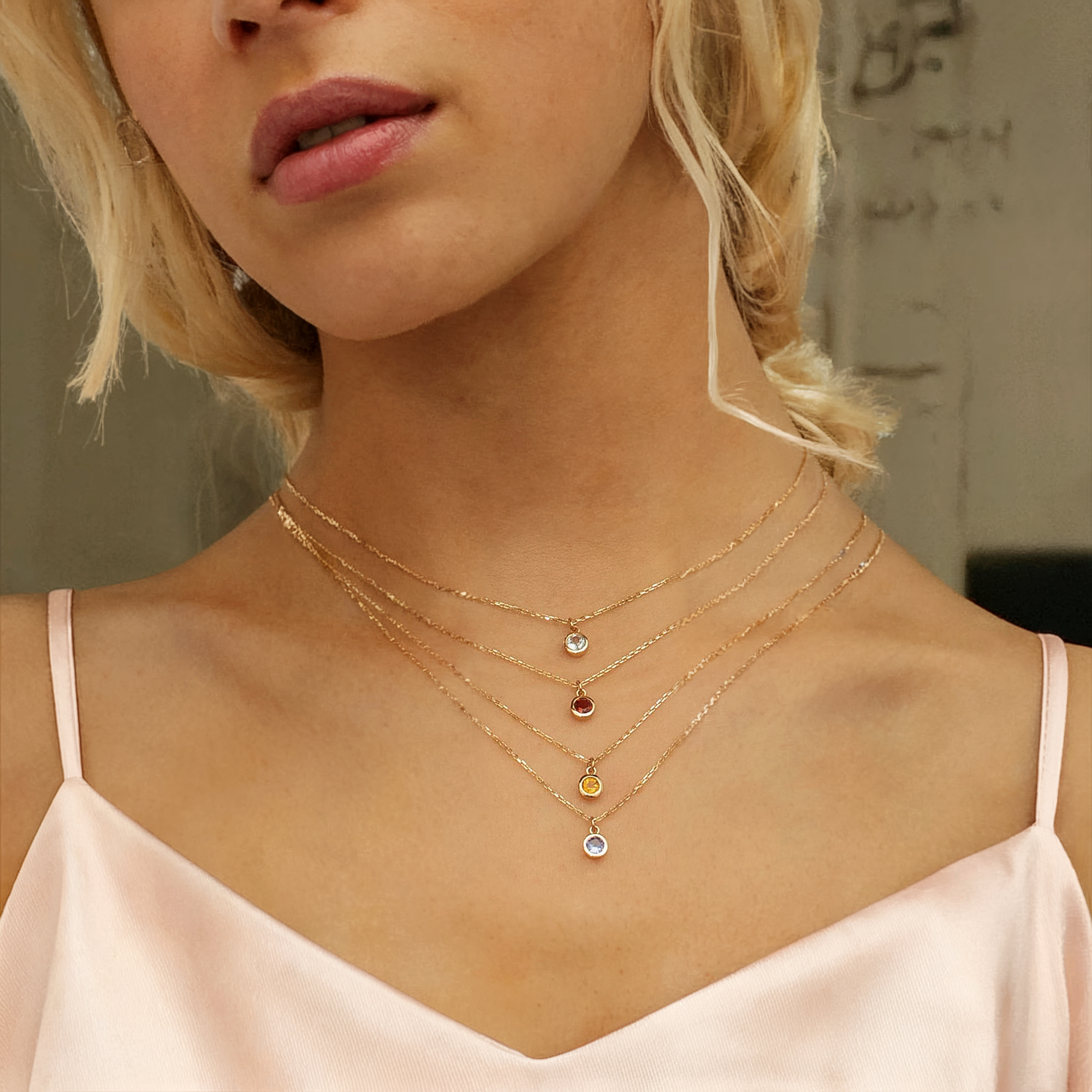 Dainty Birthstone Gemstone Chain Necklace 14K Gold