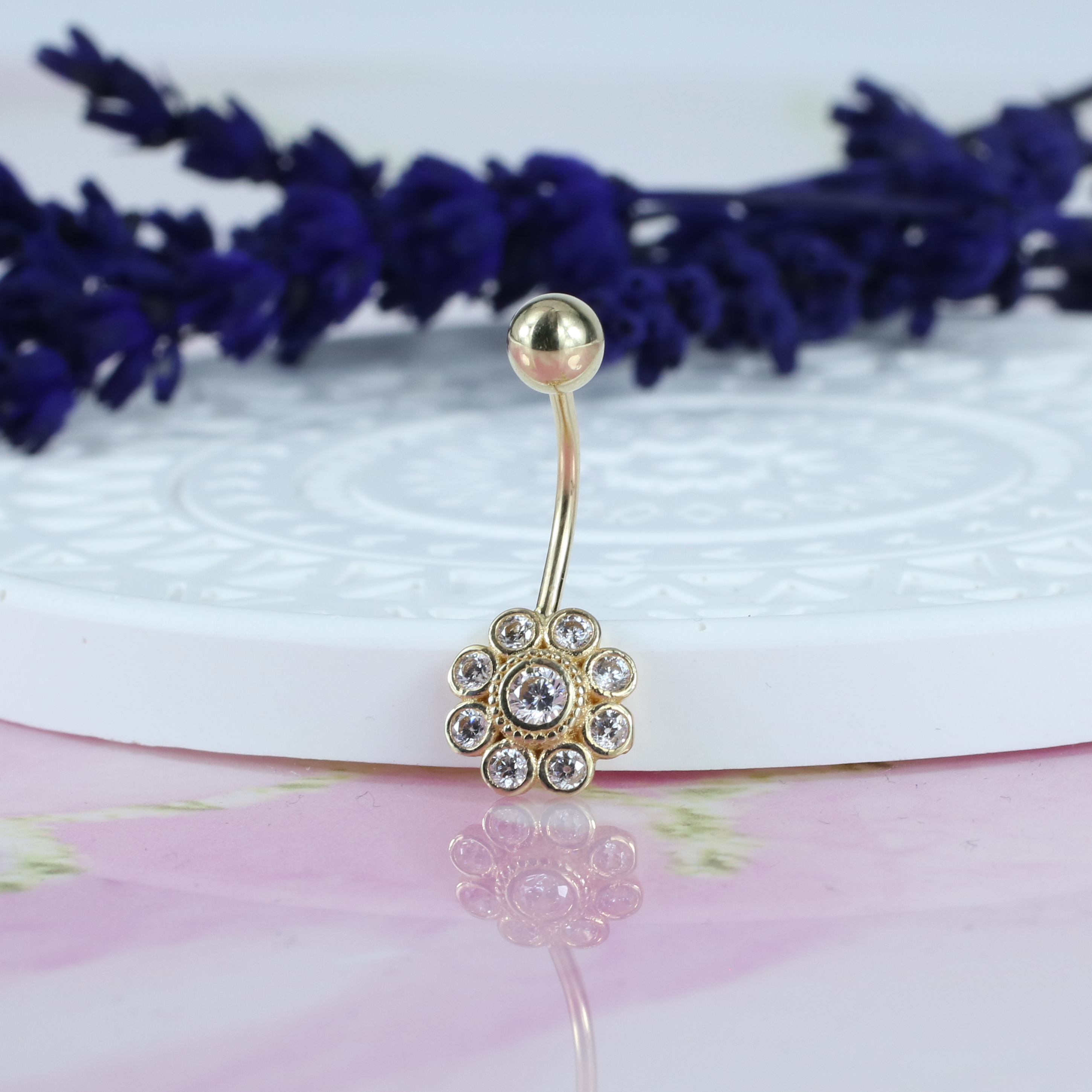 Daisy Navel Belly Ring 14K Gold with CZ Stone