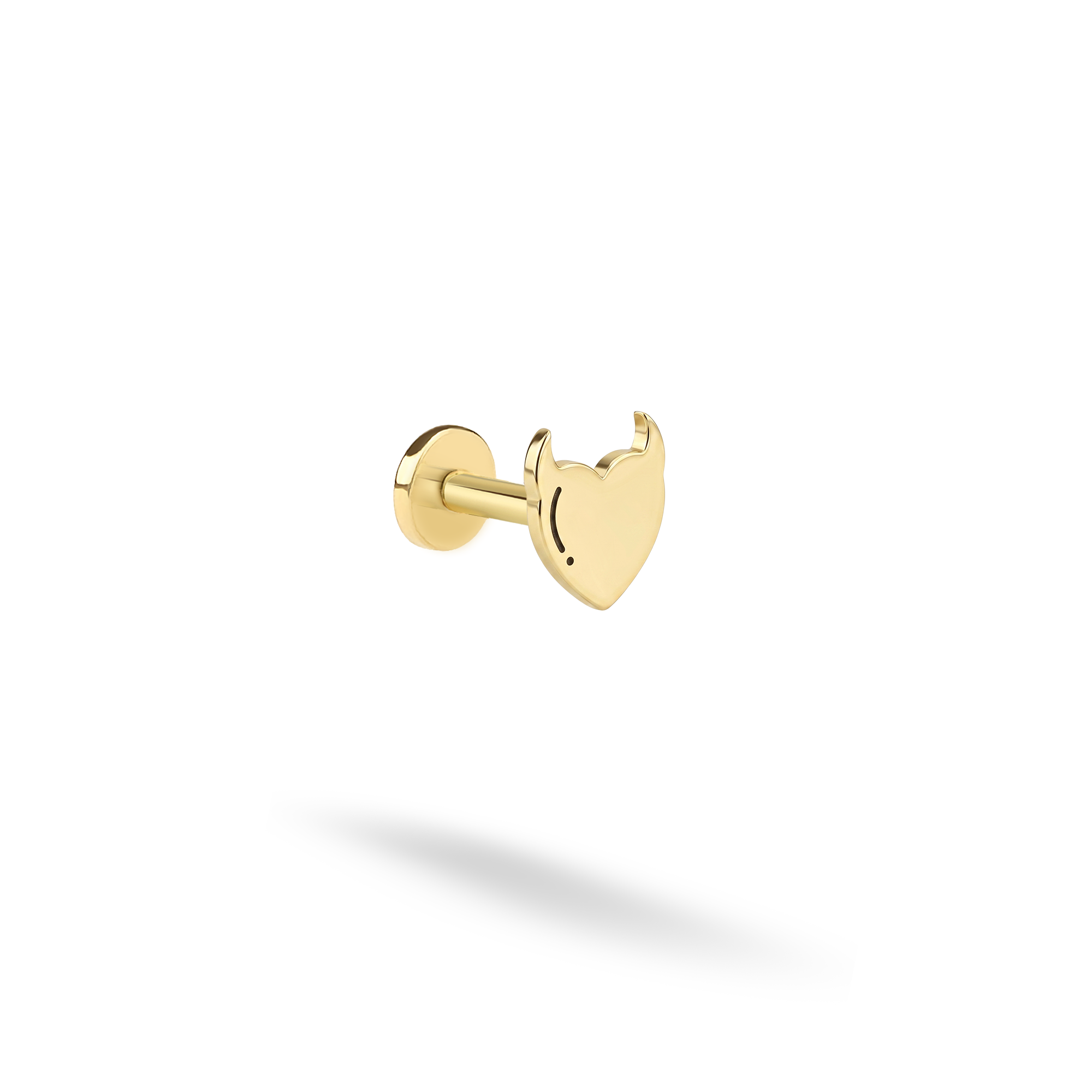 Devil Heart Flatback Ear Piercing in 14K Gold or Silver. Hand Made Horned Heart design with a cute devil style for cartilage, helix, tragus, or lobe.