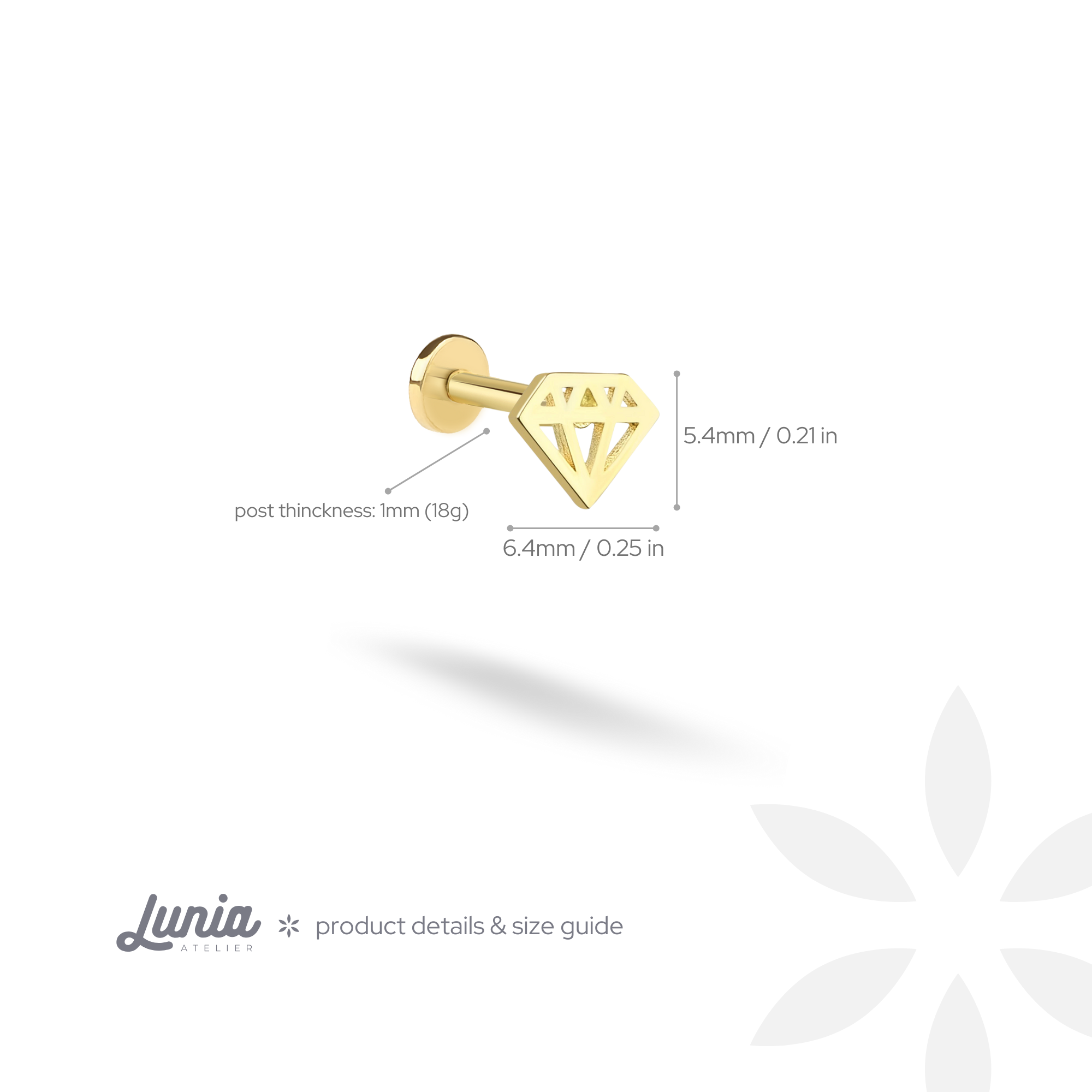 Diamond Shape Flatback Ear Piercing 14K Gold