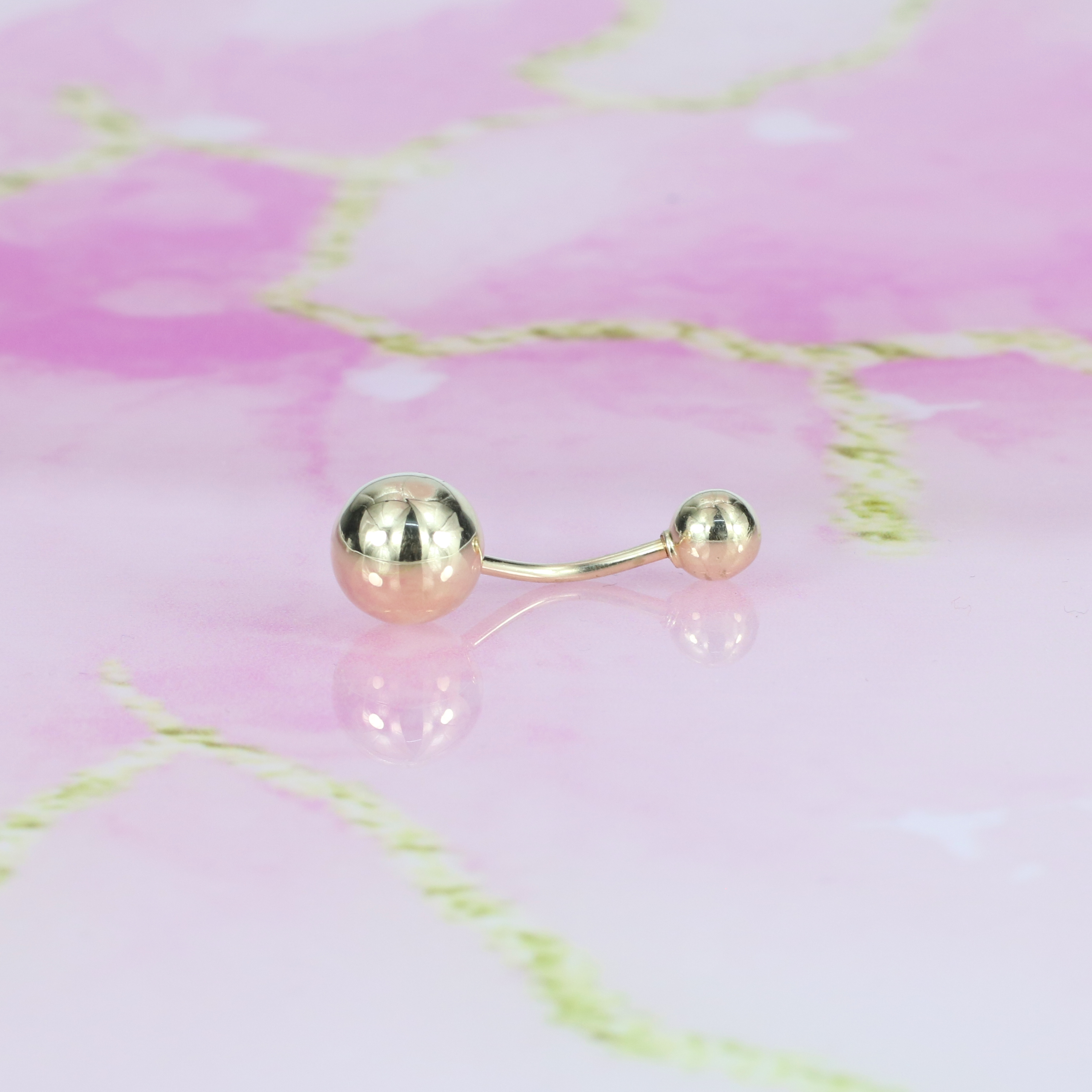 Double Ball Navel Belly Ring 14K Gold with CZ Stone