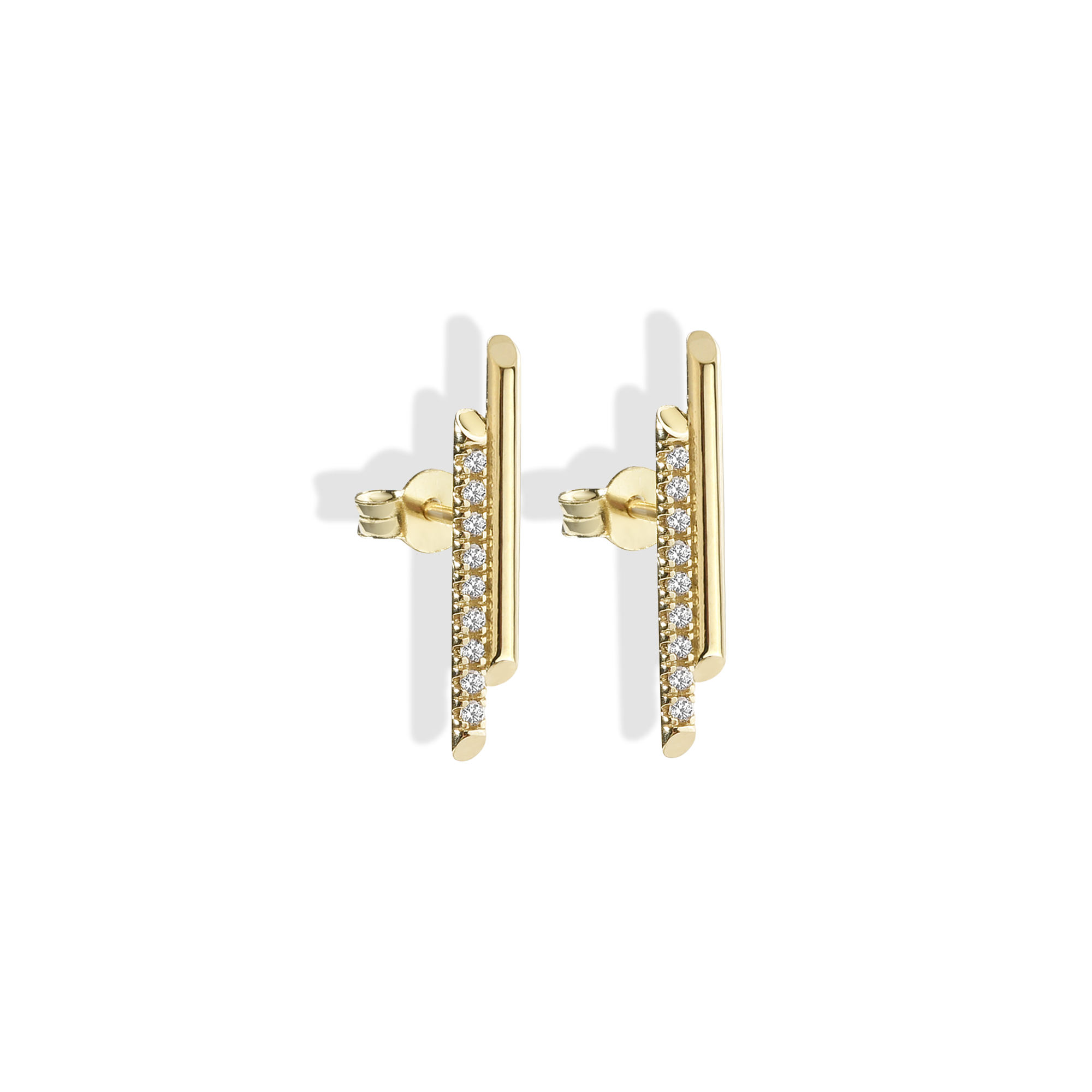 Double Bar Stud 14K Gold Diamond Earrings / Silver