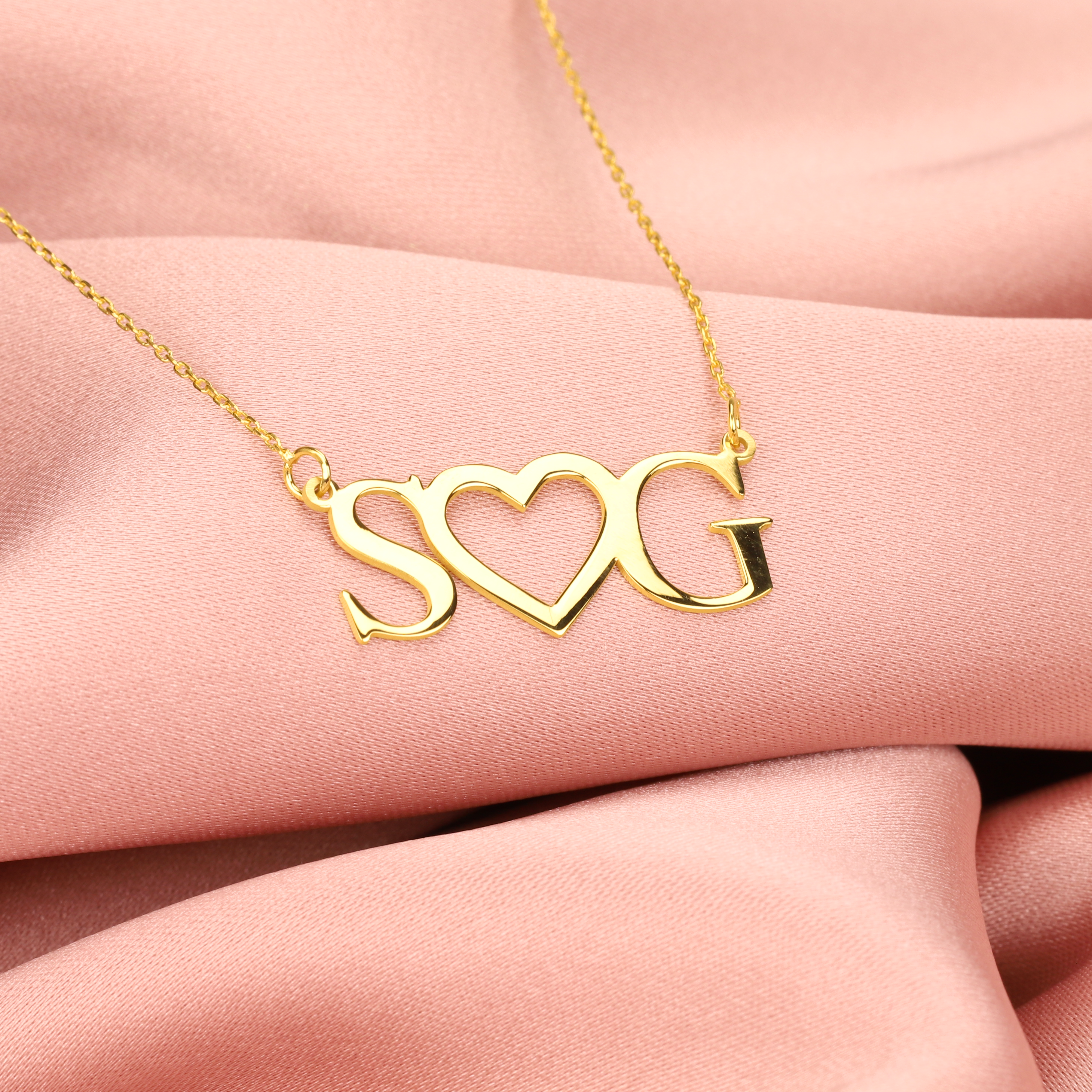 Double Initial Heart Letter Personalized Love Custom Necklace 14K Gold