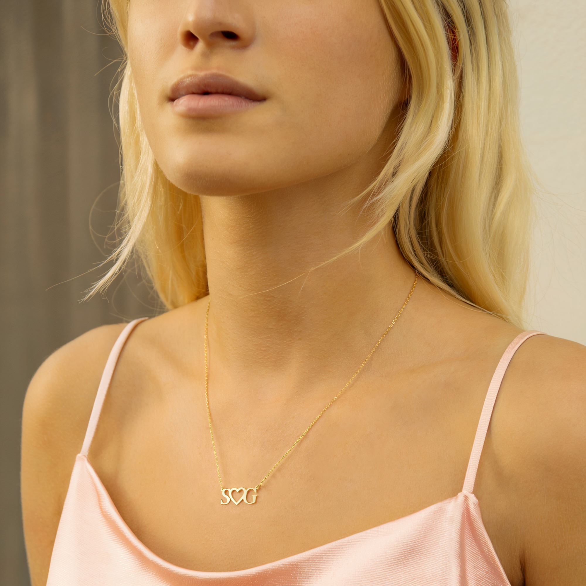 Double Initial Heart Letter Personalized Love Custom Necklace 14K Gold