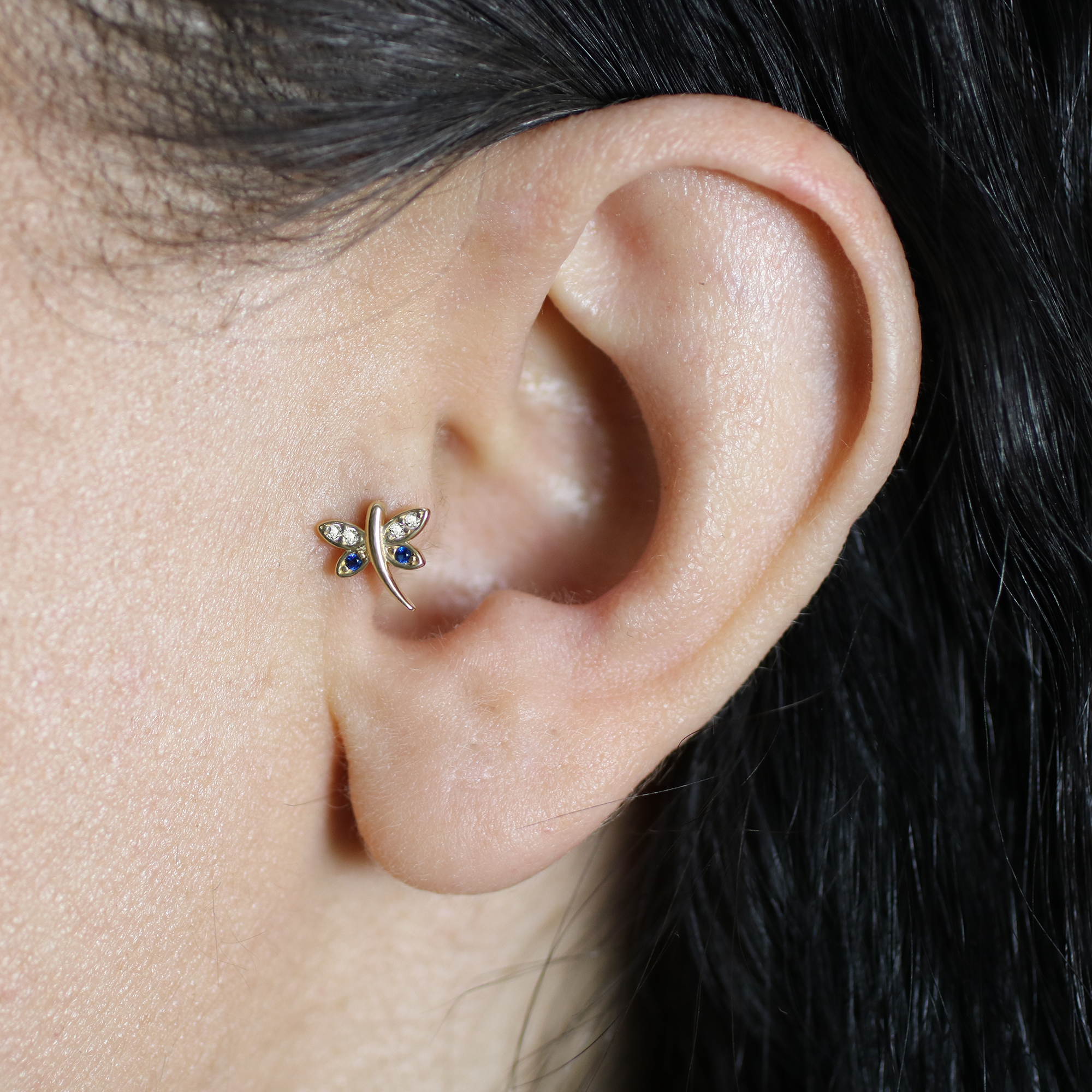 Butterfly Wing Flatback Ear Piercing 14K Gold with CZ Stone