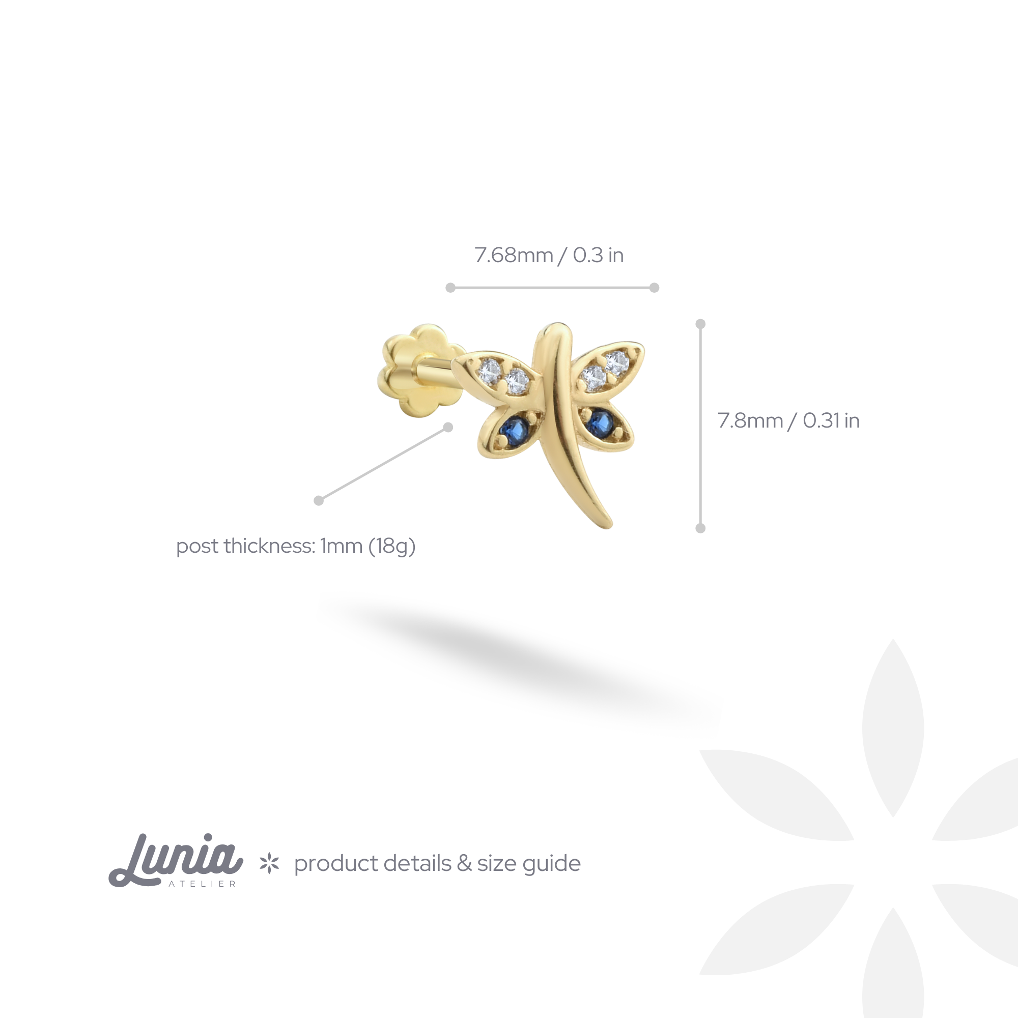 Dragonfly Flatback Ear Piercing 14K Gold with CZ Stone