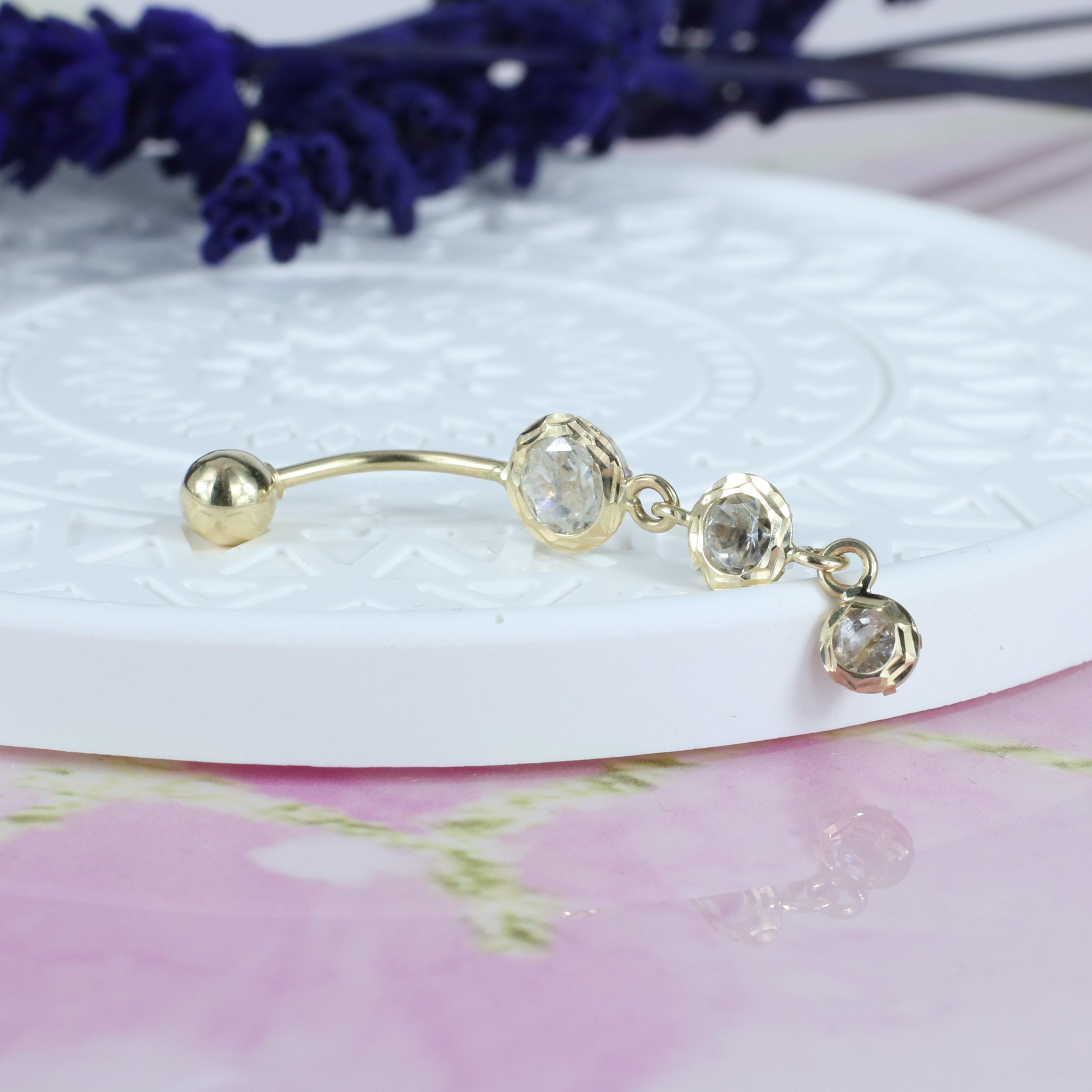 Drop Stalactite Navel Belly Ring 14K Gold with CZ Stone