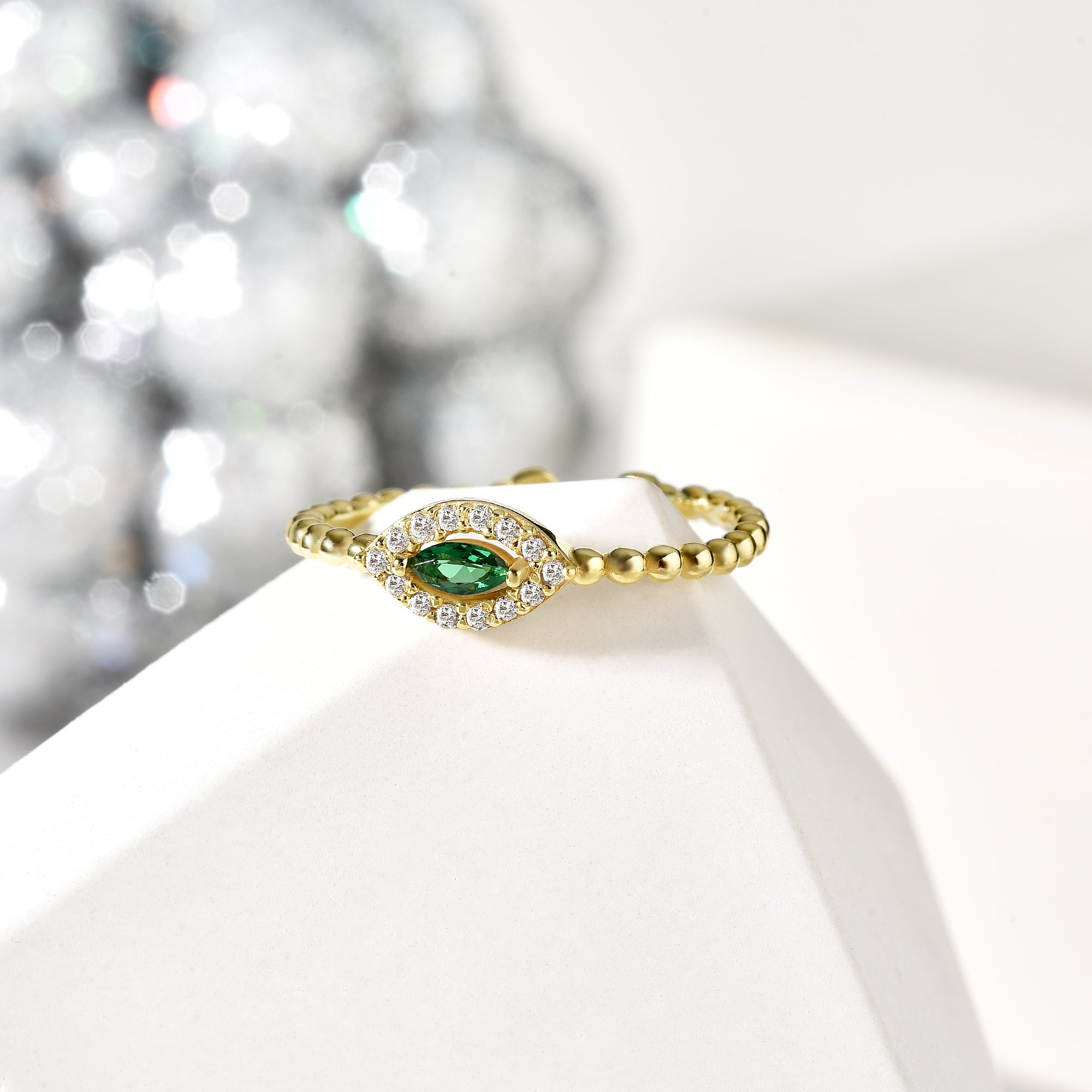 Eye Green Diamond Open Ring 14K Gold