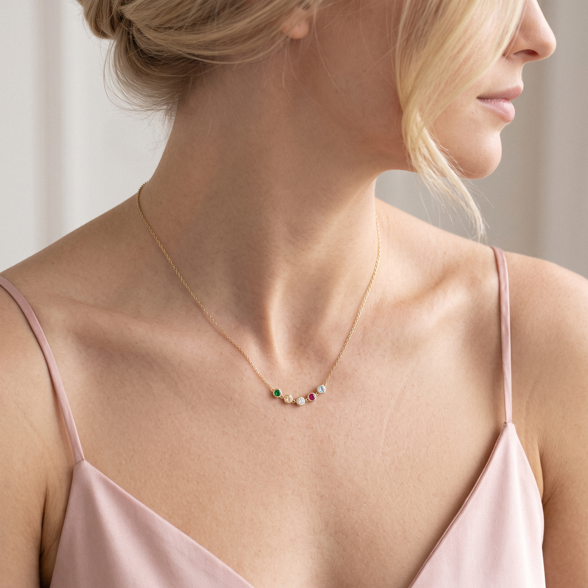 Family Round Birthstone Five Stone Custom Necklace 14K Gold