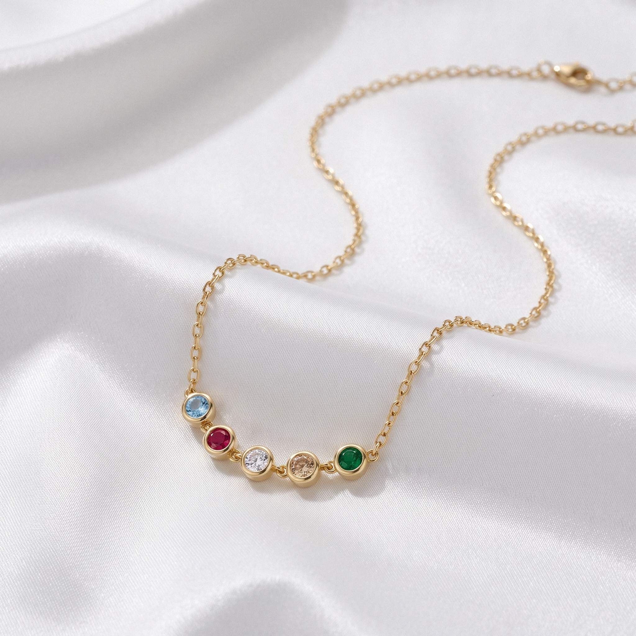 Family Round Birthstone Five Stone Custom Necklace 14K Gold