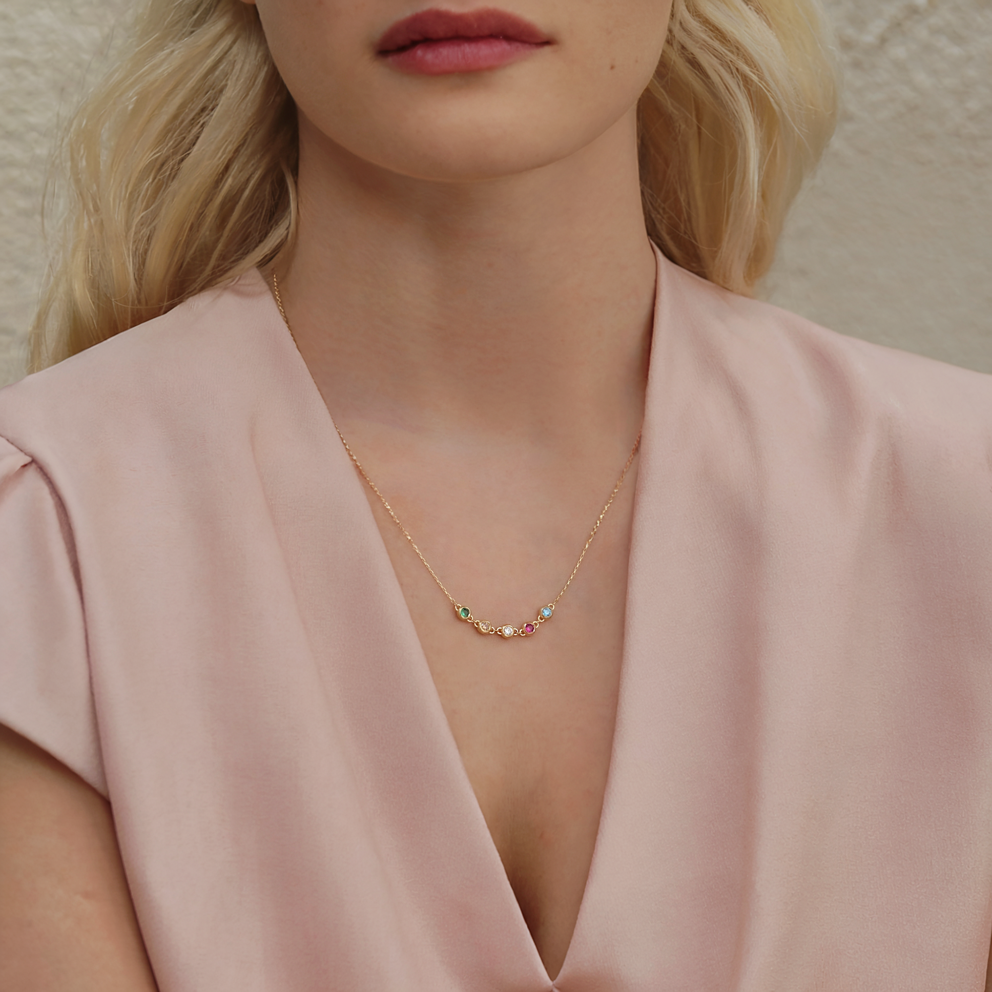 14K Gold Circle Necklace with Five Family Birthstones