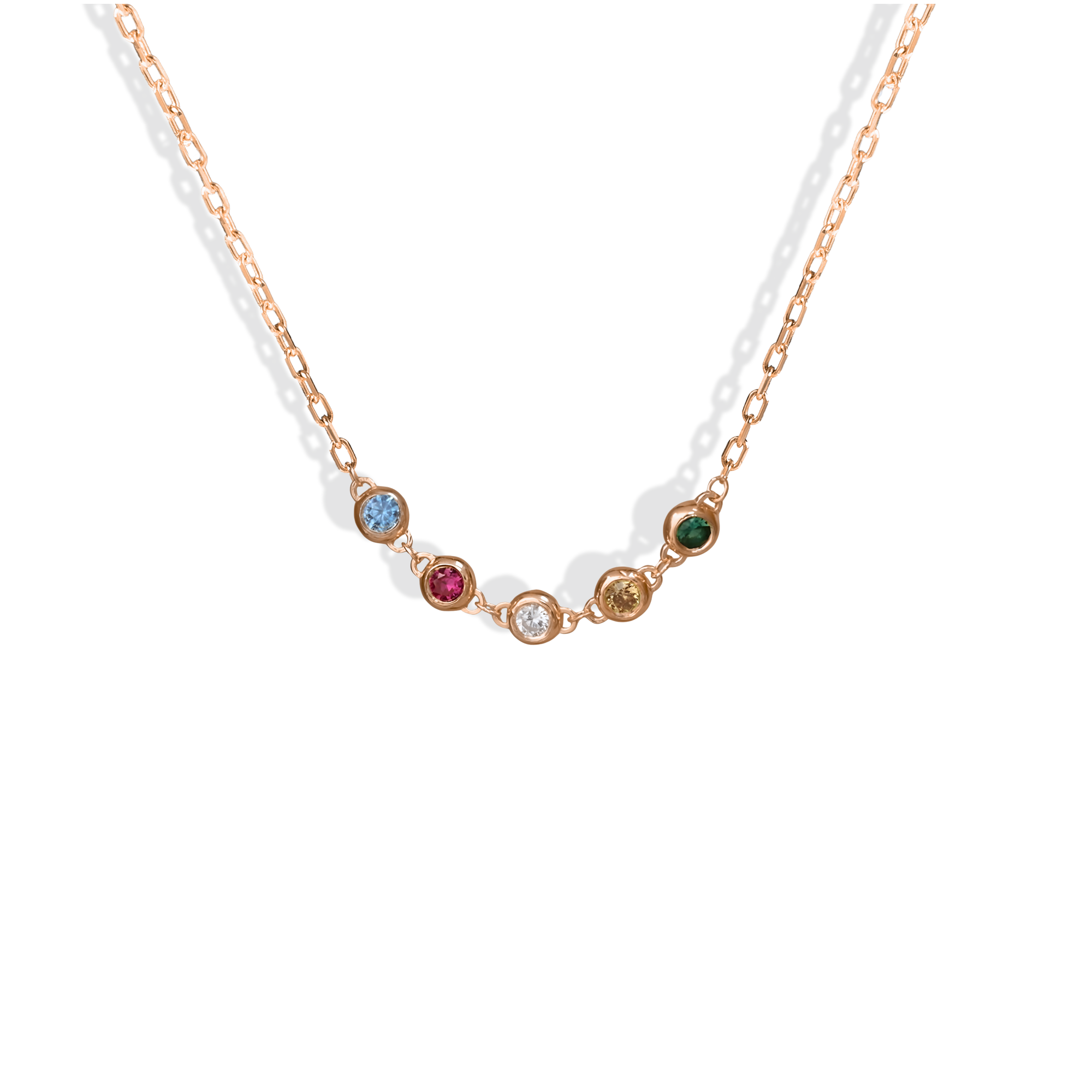 Family Round Birthstone Five Stone Custom Necklace 14K Gold