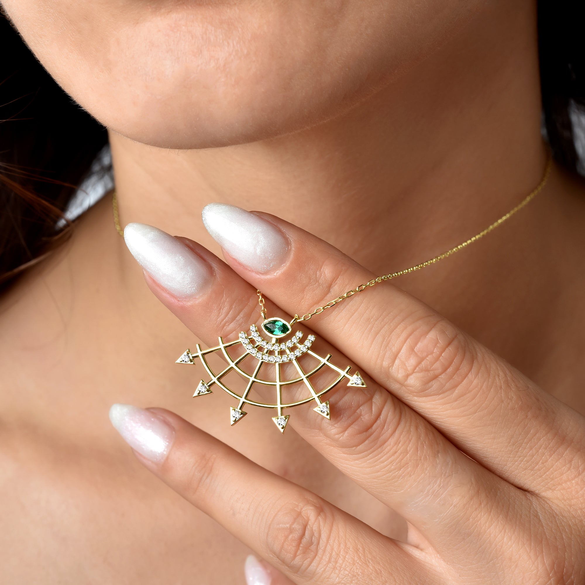 Fan Green Eye Diamond Necklace 14K Gold