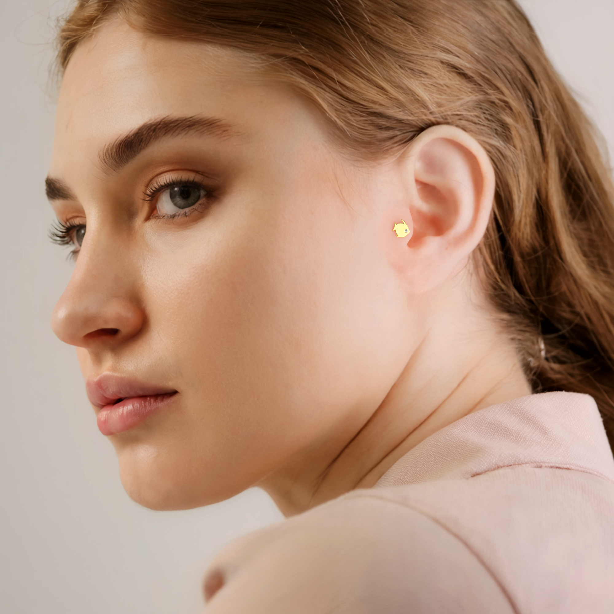 Fish Flatback Ear Piercing 14K Gold with CZ Stone