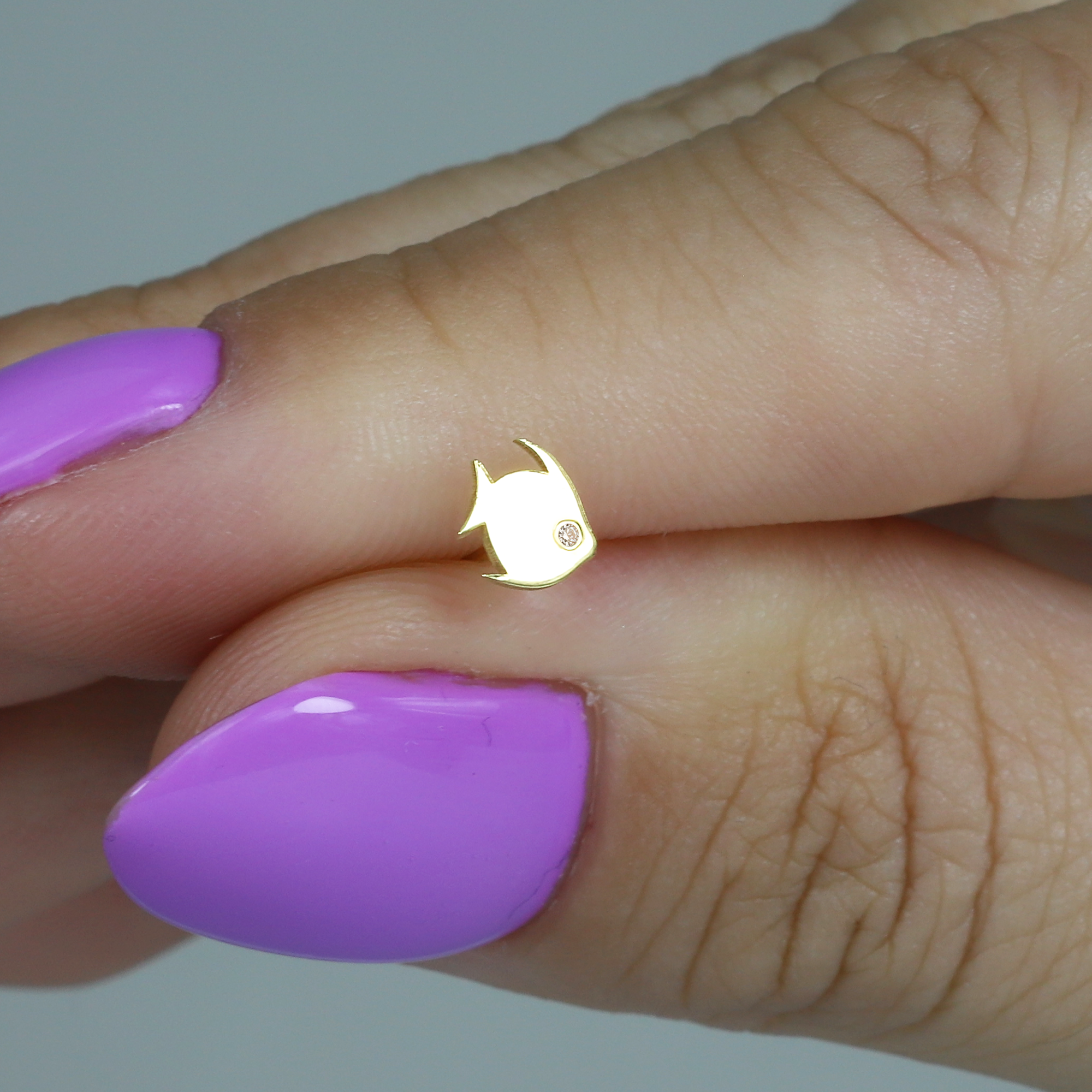 Fish Flatback Ear Piercing 14K Gold with CZ Stone