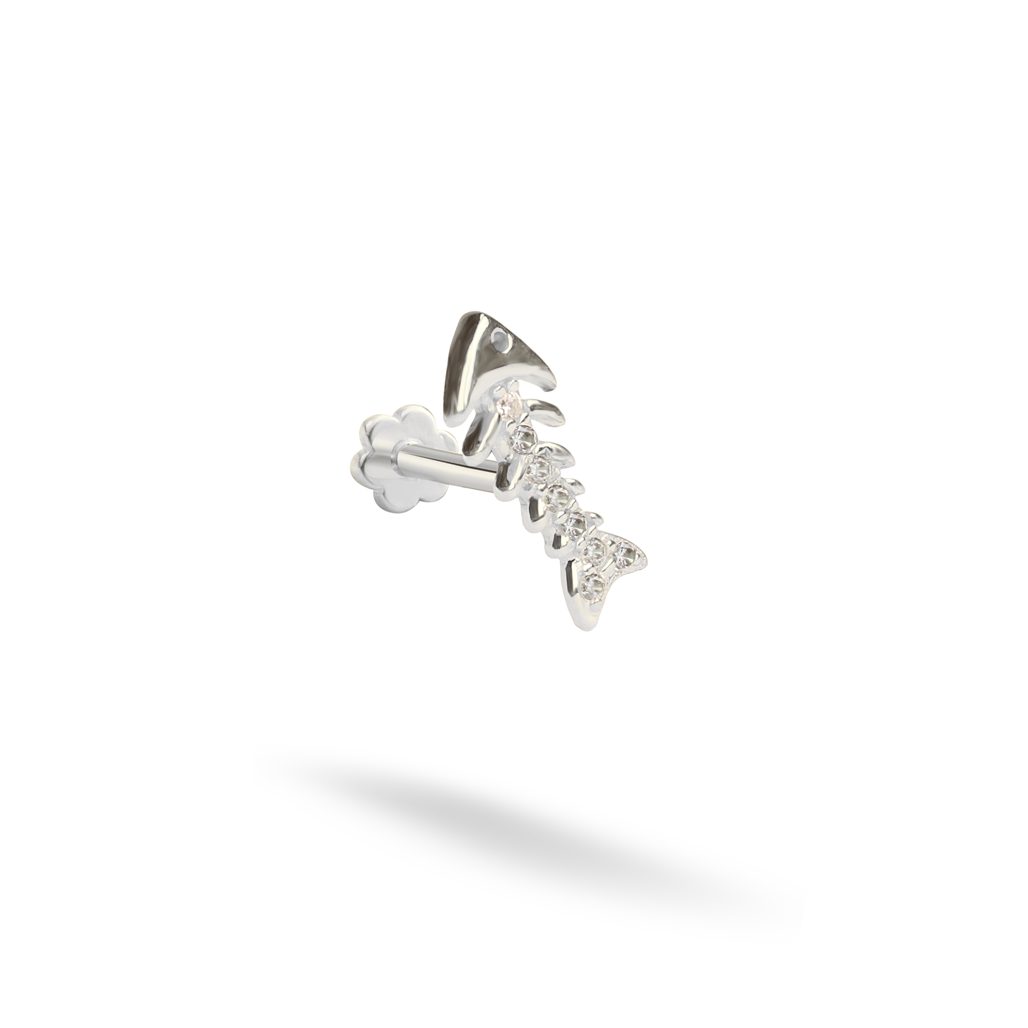 Fishbone Flatback Ear Piercing 14K Gold with CZ Stone