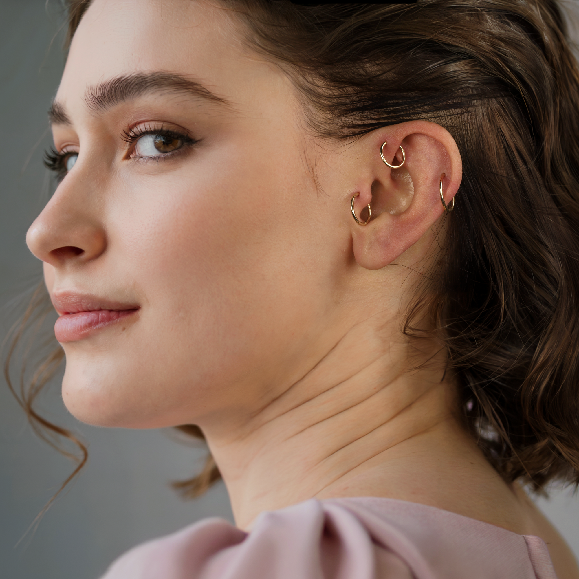 Flat Round Ring Hoop Ear Piercing 14K Gold