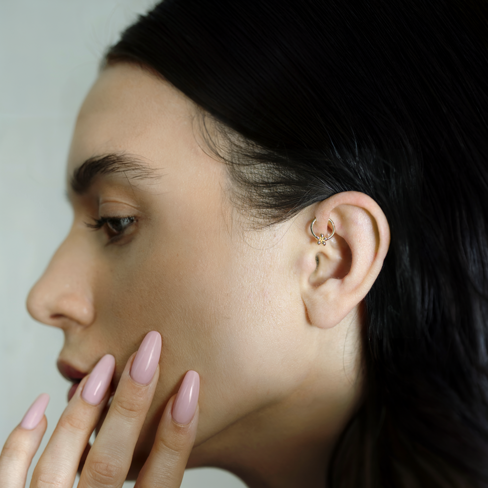 14K Gold Blossom Hoop Ear Piercing
