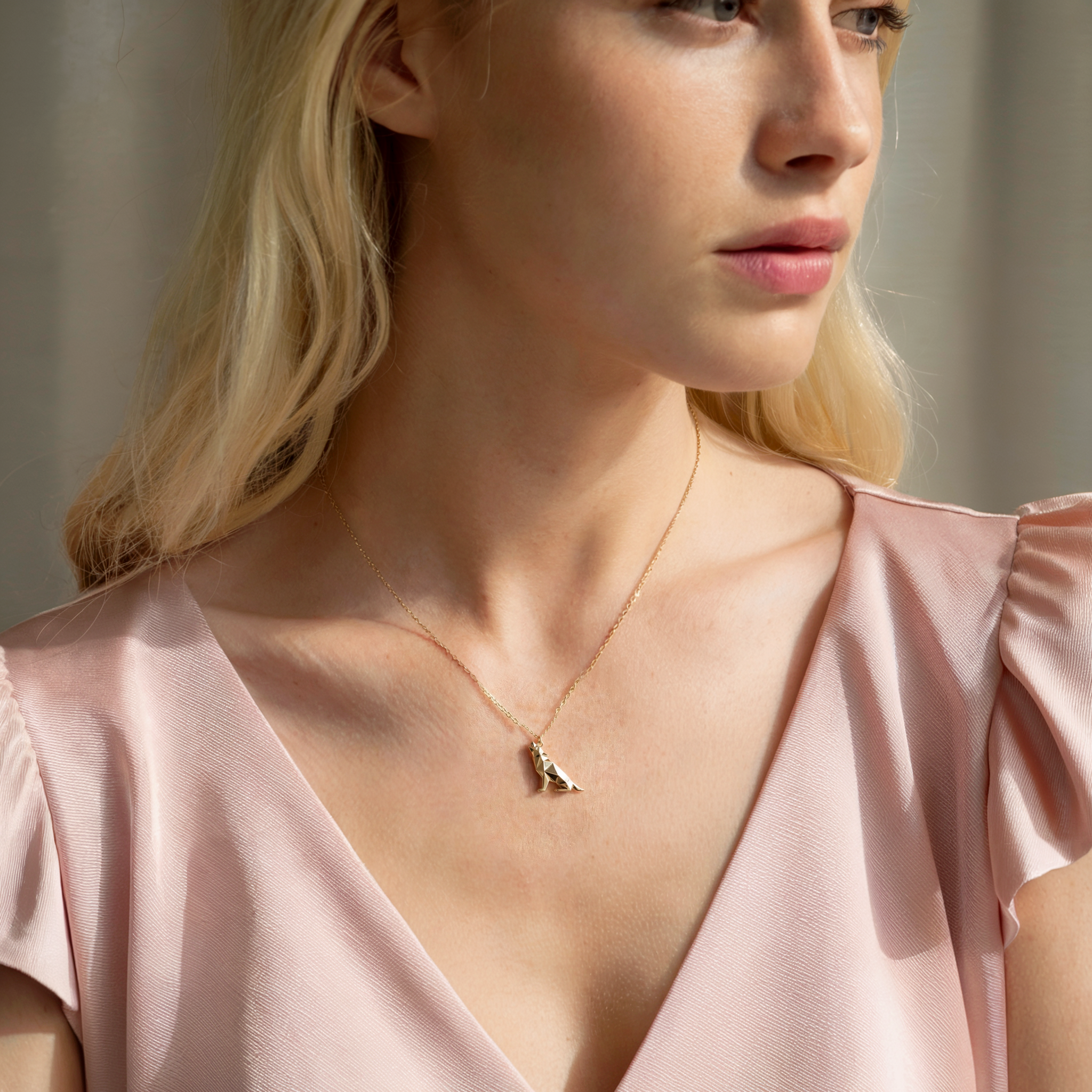 Geometric Howling Wolf Pendant Necklace 14K Gold / Silver