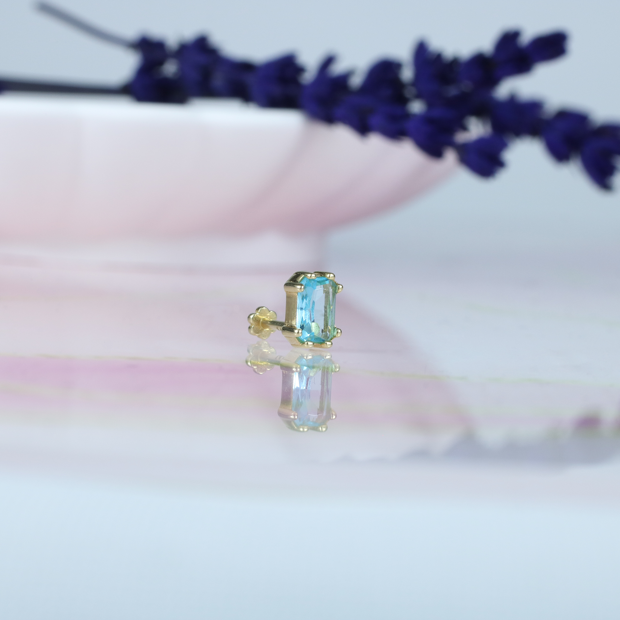 Glass Turquoise Flatback Ear Piercing 14K Gold with CZ Stone