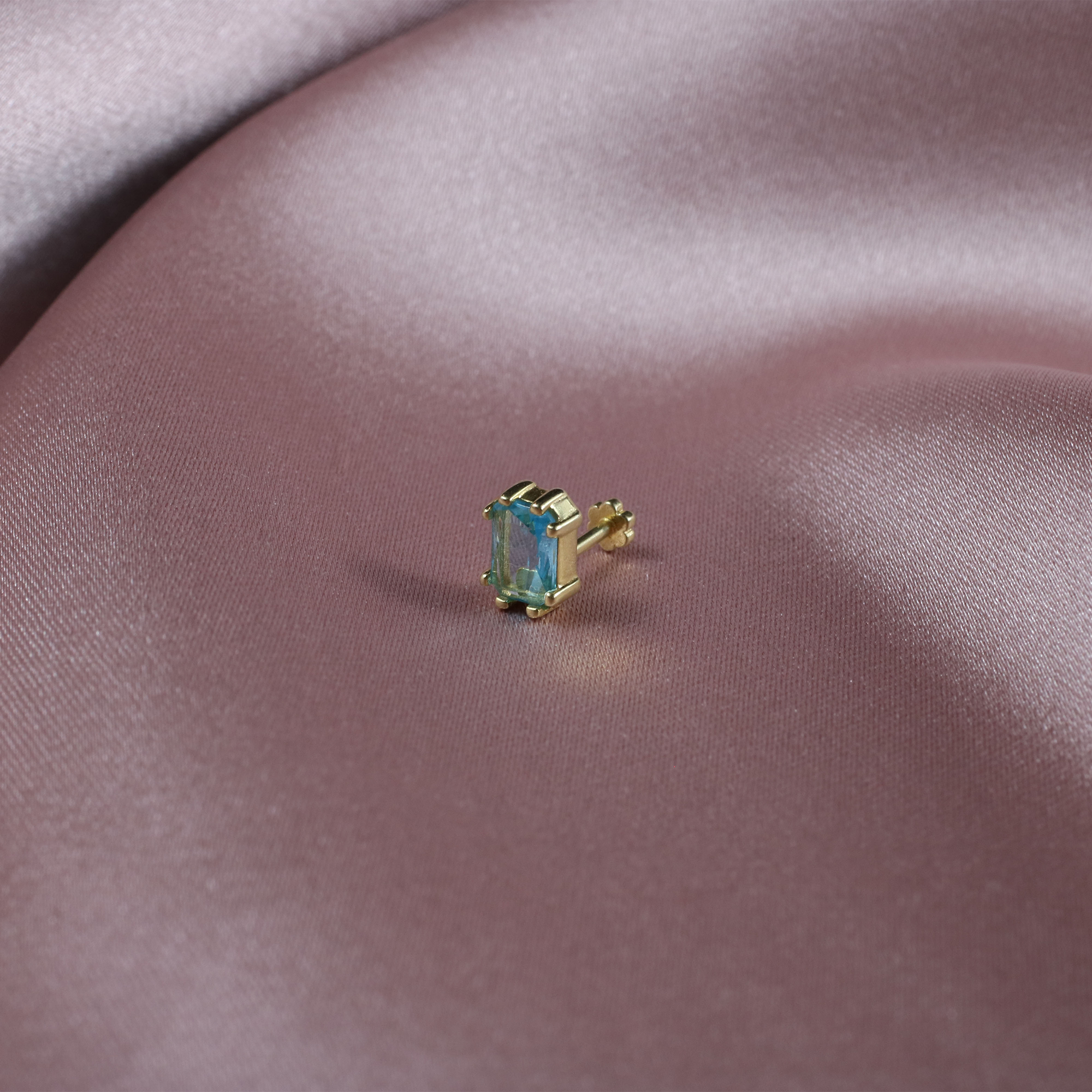 Glass Turquoise Flatback Ear Piercing 14K Gold with CZ Stone