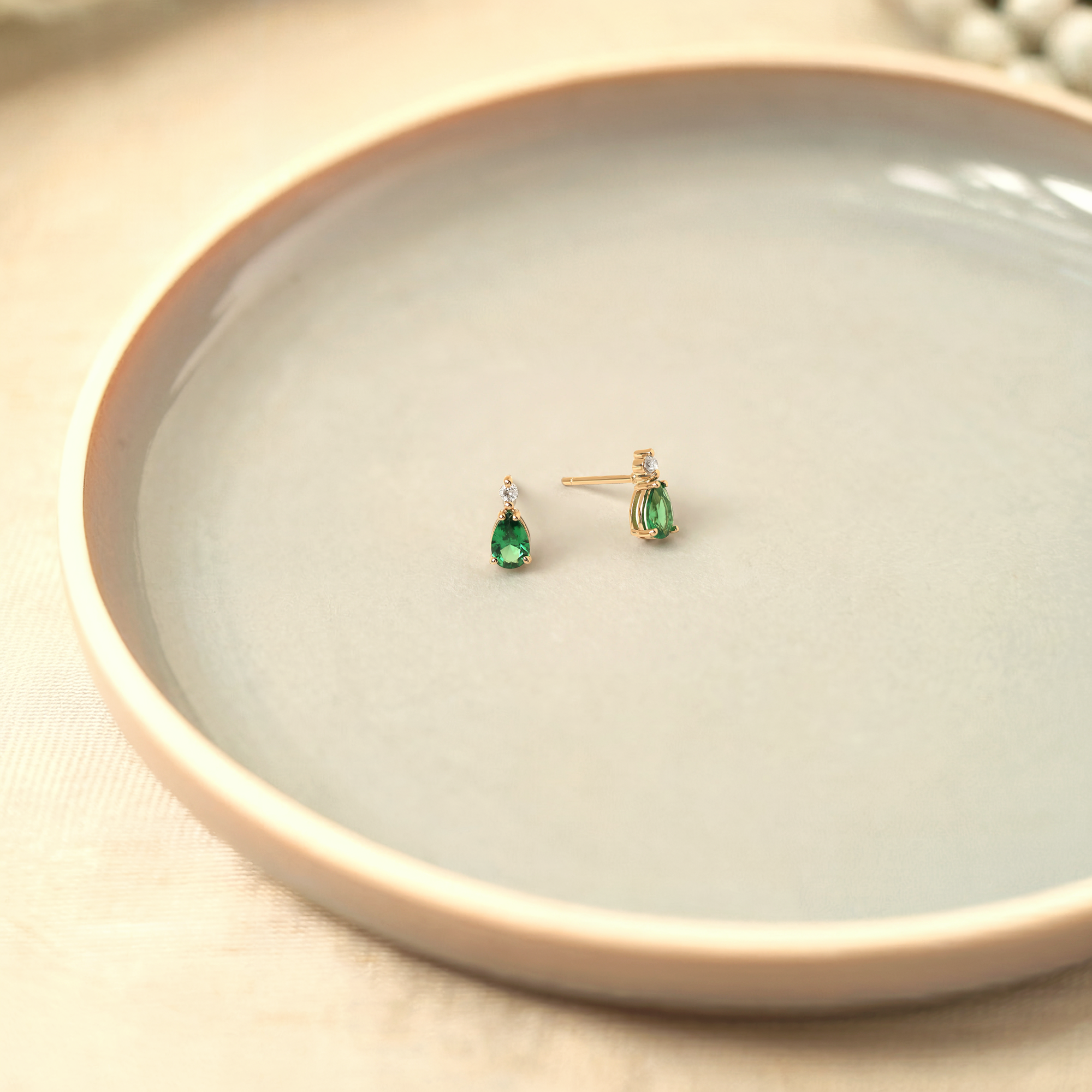 Green Drop Stone Diamond Earrings 14K Gold
